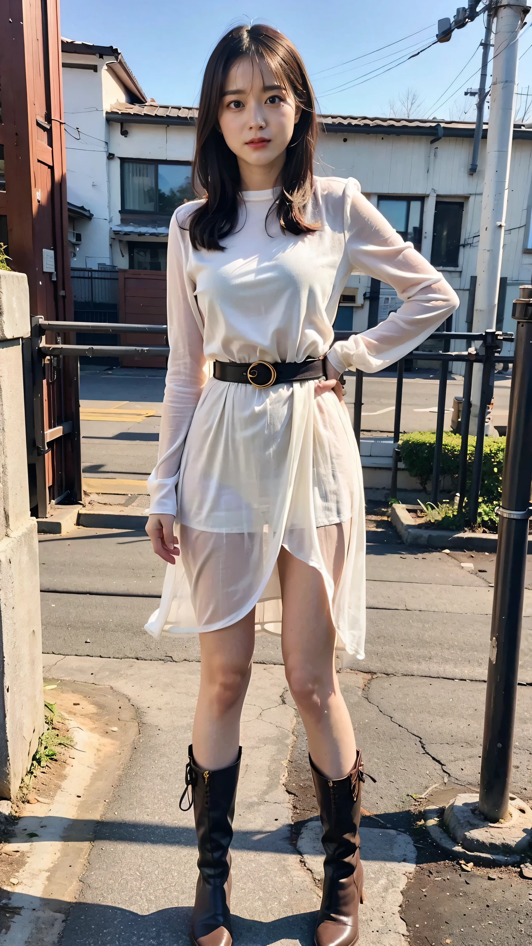 (8k、RAW Photos、highest quality、masterpiece:1.2)、(Realistic、Realistic)、1 girl、((Beige uit、tie、Gold Belt、See-through、boots、uniform、Large Breasts、View from the front、Cute Costumes、Standing with hands on hips))