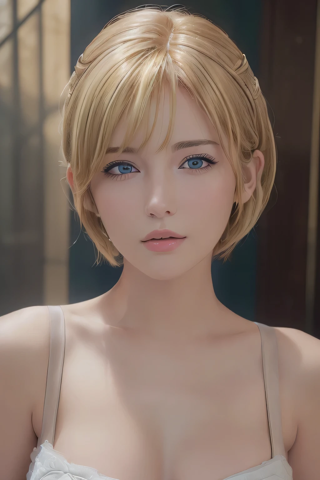 (masterpiece:1.3), (8k, photorealistic, RAW photo, best quality: 1.4), (1girl), beautiful face, (realistic face), (blonde hair, short hair:1.3), beautiful hairstyle, realistic eyes, beautiful detailed eyes, (realistic skin), beautiful skin, absurdres, attractive, ultra high res, ultra realistic, highly detailed, golden ratio, round big , nude,pretty, attractive,