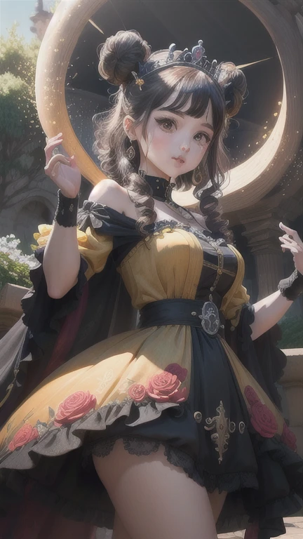 there is a woman standing pumpkins and bats flying everywhere background, costume sheer black with gold witch dress with pointy hat, full body, long legs, kiss lips, perfect eyes, full round pupils, portrait, soft portrait shot 8k, tropical flowers in front of woman, beautiful young face, detailed face of a asian girl, Canon EOS-1D X Mark III f/2.8, golden hour