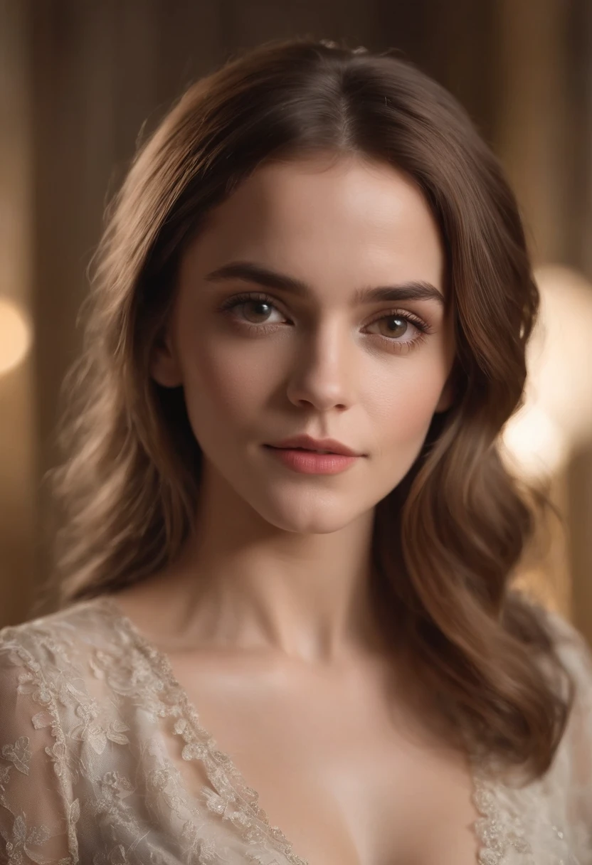 foto profissional de corpo inteiro, alto detalhe, pele realista. As the camera pans around the room, the magical bokeh of the lights creates a dreamlike atmosphere. In the center of the room is 34-year-old goddess Emma Watson with wavy brown hair, boca grande, full lips and brown eyes. She wears a shirt with a generous neckline, drawing attention to her large breasts., adding a touch of mystery to its already intriguing presence. its intricate details adding to the overall cinematic feel of the scene.