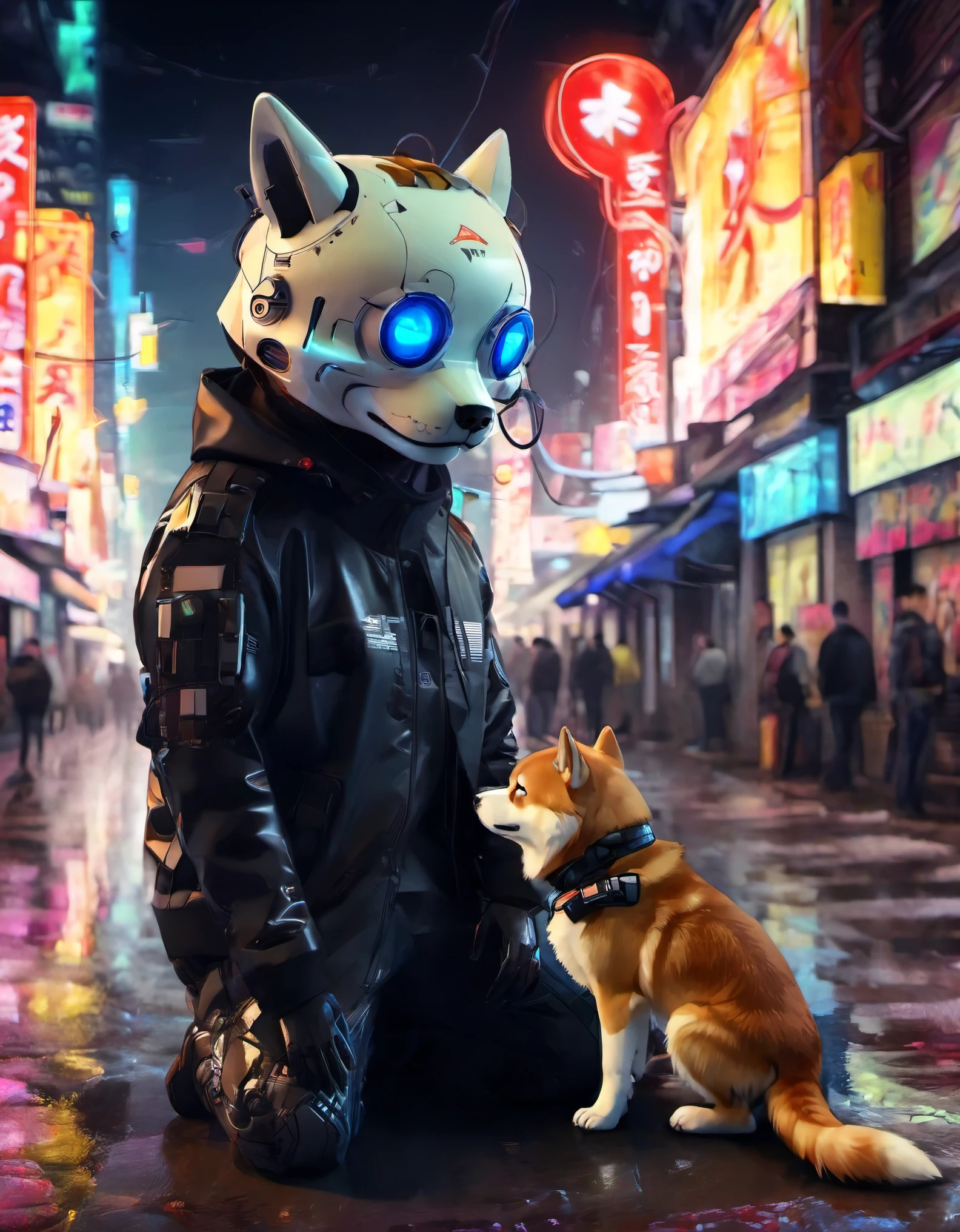 (short-haired Shiba Inu),(best quality,highres,masterpiece:1.2),portrait,realistic，xianxia，Cyberpunk，Interweaving of light and shadow.outdoor,high tech，City，Anthropomorphic，Neon，Cyber Background