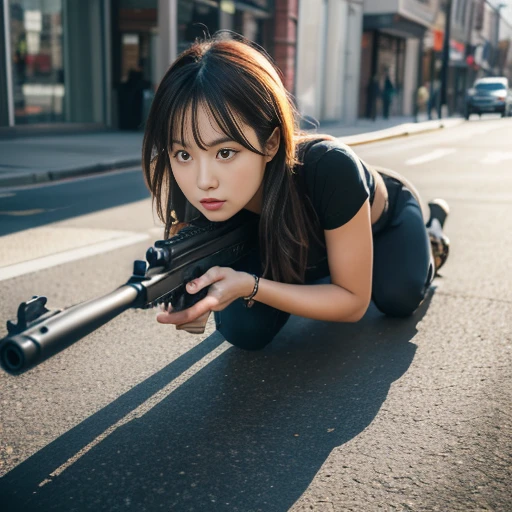 Generated in SFW, masterpiece, highest quality, front, Anatomically correct, Very detailed, A girl shooting prone with a rifle in the city, (Hold a high-powered rifle in your right hand and aim at the target:1.2)、add your left hand, A dignified and courageous beauty, (Place the stock firmly on your right shoulder)、Stare intently at the target, Strong and fleeting eyes, Anatomically correct美しい腕, Perfect and beautiful photo pose, A precision assault rifle, perfectly designed and accurate, break, Face down on the ground and shoot, (Full Body Shot:1.2), Shooting from the ground, 