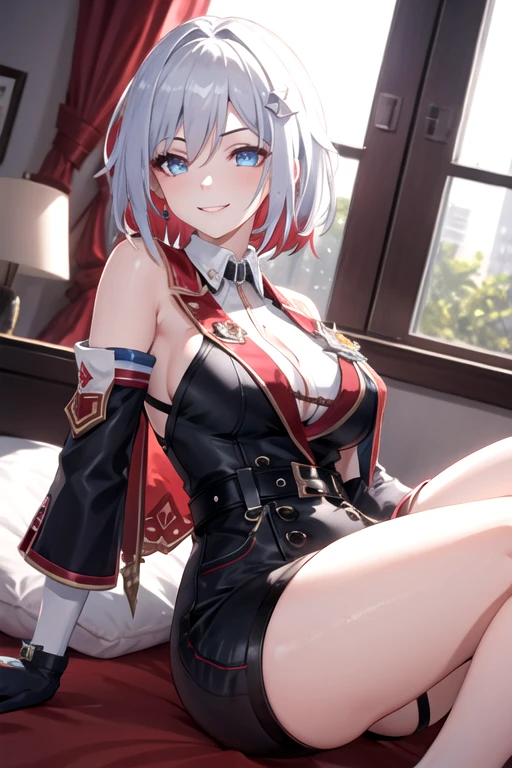 1girl, topaz \(honkai: star rail\), solo, black gloves, thigh strap, hair ornament, unitard, detached sleeves, badge, side cape, belt, cowboy shot, bedroom, depth of field, sitting on side of the bed, reclining, arm support, gasping, ecstasy, seductive smile, masterpiece, large breasts, thights, ass shape,
