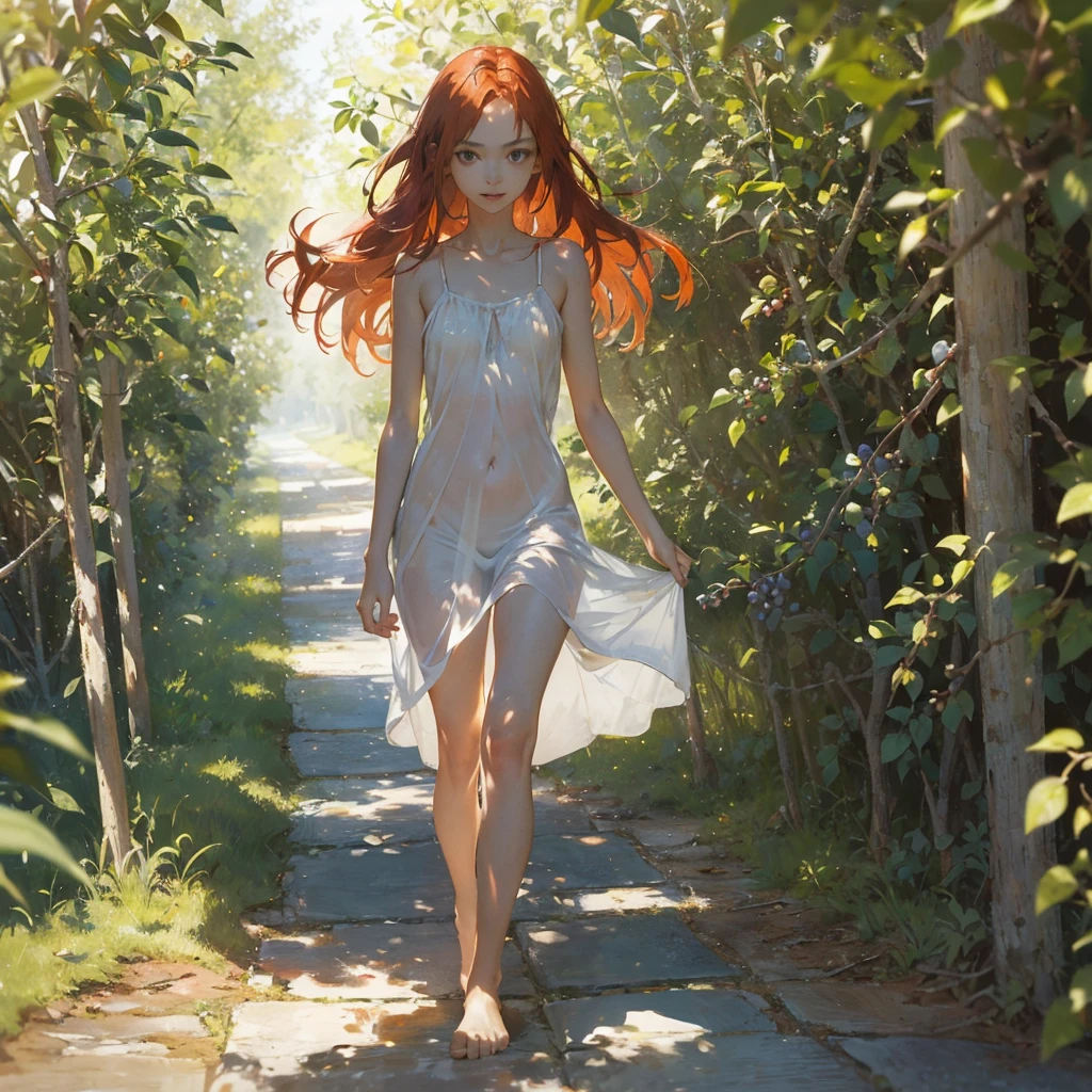 Beautiful slender thin exquisite (nude) girl with a perfect face of the southern type with red hair with tender breasts with tender nipples barefoot with bare hips ((with red pubic hairs)) ((in a short summer light transparent light orange sundress on a naked body)) walks along a brick road in the middle of a flowering field, in a gentle watercolor style, Discreet shades, sfumato, haze, diffused dim light, delicate mint shades, imitation of film photography, (olive and grape groves, Brick Road)