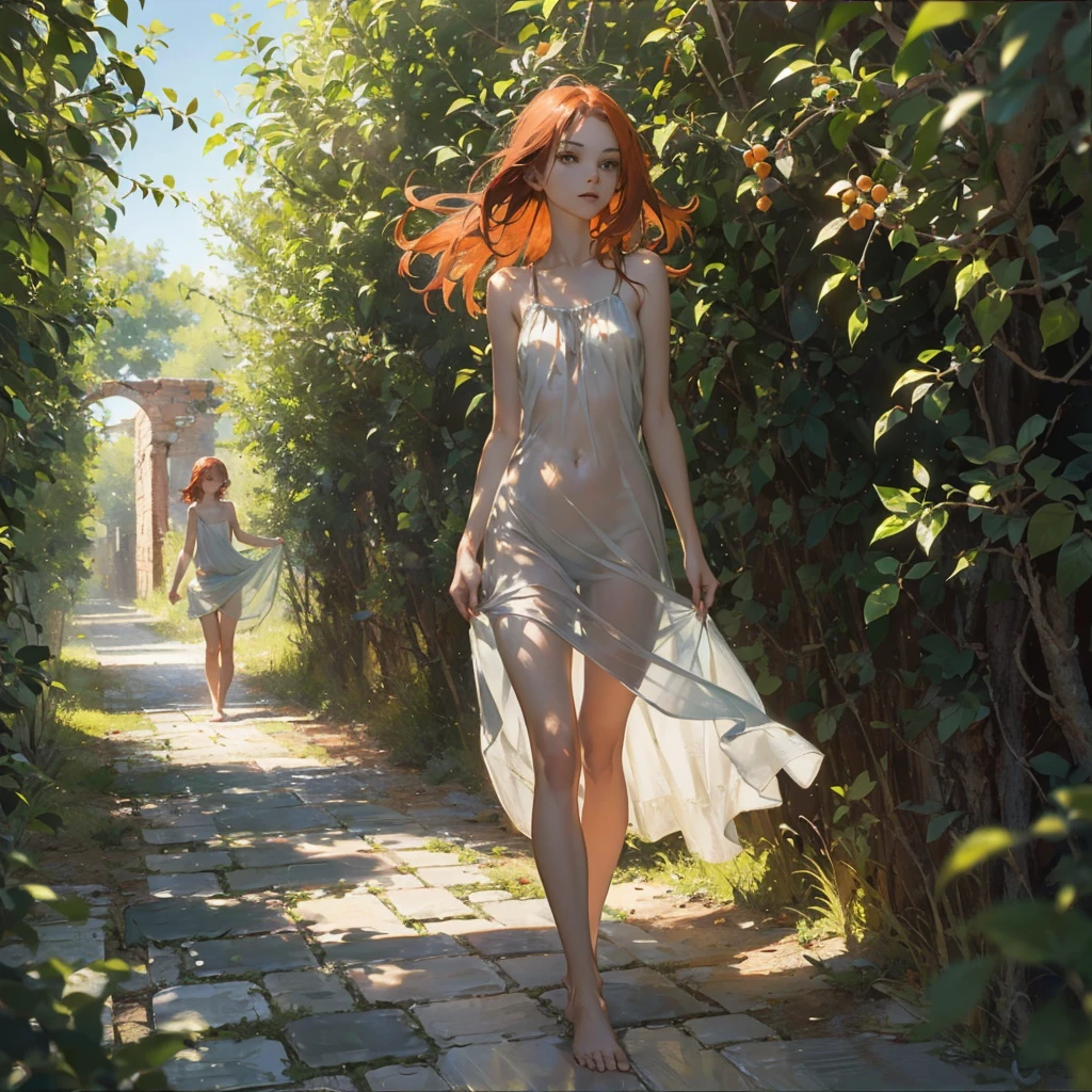 Beautiful slender thin exquisite (nude) girl 16 years old with a perfect face of the southern type with red hair with delicate beautiful expressive breasts with tender nipples barefoot with bare hips ((with red pubic hairs)) ((in a green light summer short sundress on a naked body)) (we are panties) walks along a brick road in the middle of a flowering field, in a gentle watercolor style, Discreet shades, sfumato, haze, diffused dim light, delicate mint shades, imitation of film photography, (olive and grape groves, Brick Road), (High image quality, Maximum detail)