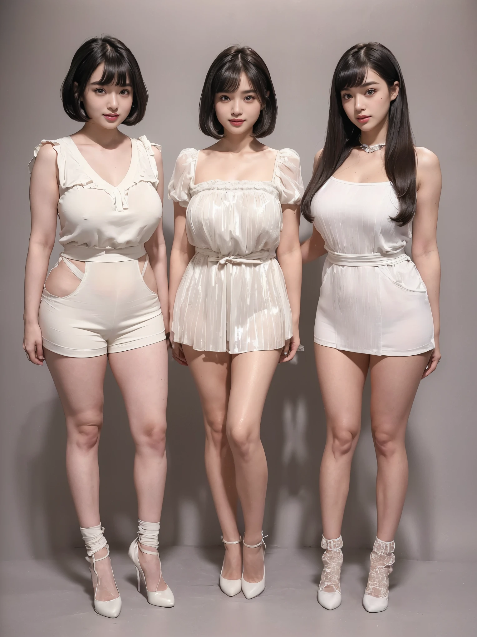 8k,3D,best quality,realistic,photorealistic,Bright lighting,(((((((full body,Full body photography))))))),Japanese triplet sisters born on May 19, 1997, Zodiac sign is Taurus,Blood type is AB,Their names are Imami Nakamura、Mitsumi Nakamura、Mitsutoshi Nakamura,(((The older girls wear tight, pastel-colored dresses that reach down to the knees.,The sisters put their arms around each other's shoulders))),((((((The core is strong,Clear skin,Overall it is clean and shiny.、Elastic and moisturized skin,Composed of Japanese skeletons,Thick bones、High bone density,26 years old,7 heads,Height: 160cm,Weight: 60kg,Head size 55.1cm,Face vertical width 21.8cm,Face width 15.3cm,Muscle Mass 18.5kg,Body fat 9.7kg,Body fat percentage 20%,Basal metabolic capacity 1216kcal,Maximum heart rate: 194 bpm,Bust 86.2cm,Underbust 69.1cm,Cup size: C to D cup,Waist 59.2 to 62.4cm,Hip 86.4cm,Upper arms 25.6cm,Thigh 49.6cm,Calf 33.6cm,Ankle 19.2cm,Hip height 80cm,75 shares.2cm,Body Mass Index 23.44,Body mass index is 23.44)))))),Golden ratio of Japanese women's faces,Focus on overall facial balance,The whole face looks soft,The face is generally flat and has few bumps, making it look younger.,((((Beautiful attractive Japanese round face,Smiling baby face,innocent,A cute and ordinary face)))),Dark hair and attractive features,Glossy,Contours are round,plump round face,Plump round face,(((The face is a little plump,Her natural, soft smile gives a cute impression.,The expression is cute,((((Straight bob style,Hairstyle: With bangs,facial parts are round)))),The parts are more central, giving a childish impression.,Glossy, wet black hair,The hair is smooth,The tendency for people to have wide and beautiful foreheads,beautiful forehead,Wide and beautiful forehead,Wide forehead,Bright forehead,Part of the ear is not visible from the front,Flat brow,Wide space between eyebrows,The distance between the eyes is a little large,Natural thick eyebrows,Well-groomed, arched eyebrows,The beginning and end of the eyebrows are gently level.、Eyebrows slightly longer than the eyes,Thick eyebrows,Have strong eyebrows,Make your eyebrows fluffy,眉毛はThickenて細い,Long eyelashes、Thicken、Large quantity,Long eyelashes,Thin eyelids,Round corners of eyes,The upper eyelid is semicircular,Round upper eyelids,Large, soft eyes,Wide-set eyes,Wide spacing between the eyes,The eyes are wide open,黒Big eyesパッチリとした目,黒Big eyes,Big Eyes,Big eyes,Big eyes,Large, wide double eyelids,Lively, bright eyes with clear brown irises,The shape of the eyes is round and the pupils are large.,People with bulging lower eyelids,No dark circles under the eyes,Round nose tip、The nose is bulging,Low nose,Narrow nose,The nose parts are small,The nose is small and rounded,High cheekbones,Round face with plump cheeks,Plump Cheeks,A popular baby face is one with soft cheeks,Cheeks are plump,Laugh lines around the mouth,Tight mouth,The corners of the mouth are turned up,Natural pink lips,Thick lips,the upper lip is thick,Lips are plump,Glossy lips,Moisturized lips give a healthy impression,Round chin/double chin,The chin is large and round,Makeup doesn't change anything,Natural light makeup,Natural Makeup,Natural Makeup顔とすっぴんの違いが少ない,Golden ratio of Japanese women's body type,(((A healthy, toned, voluptuous, glamorous body,Sharp and supple body lines,A woman's voluptuous and attractive body,A well-balanced and fleshy body,Overall well-proportioned, muscular, sexy figure,A body with good blood circulation,Moderately muscular,A supple body with just the right amount of muscle,A well-toned body、A well-balanced body shape that is neither too thin nor too fat,Not too skinny,Not too skinny、Moderate body shape,Not fat、Moderate body shape,Plump body,The breasts and buttocks are well balanced and large,Beautiful neck,Collarbones that accentuate soft breasts,Beautiful round shoulders,Beautiful arms,Beautiful Hands,Beautiful upward-facing round chest,The top of the bust、Halfway between shoulder and elbow,Beautiful and moderate waistline,Has a waist,A healthy, tight waist,Narrow waist,The stomach is also toned to a moderate degree.,The top of the hips is half the height,The hips are upturned and firm,The shape of the hips is pointing upwards,Beautiful upward facing round ass,Large pelvis、It is sturdy and、Big butt body,Beautiful legs,My legs are toned,Beautiful thick thighs,Fat on thighs,Beautiful thick calves,Tight ankles)))