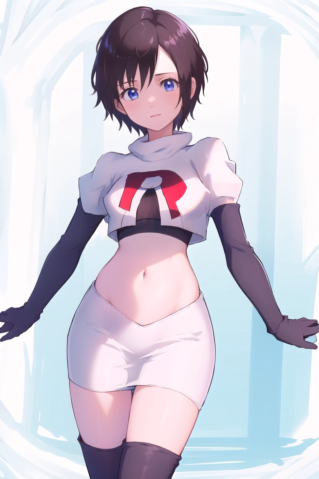 masterpiece, best quality, highres, aaxion, short hair, team rocket,team rocket uniform,white skirt,red letter R,crop top,black thigh-highs,black elbow gloves, cowboy shot, 