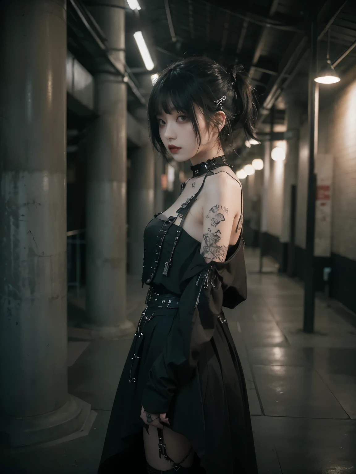 minimum, harmony, tranquility, Concrete building with fine texture details, low key lighting, 1 girl, 24-years-old, slender, floating Medium Hair, bangs, (Gothic_Punk:1.2), masterpiece, best quality, RAW Photos, sigma 50mm f1.4, candytt, Detailed costume, Deep Shadow, solo