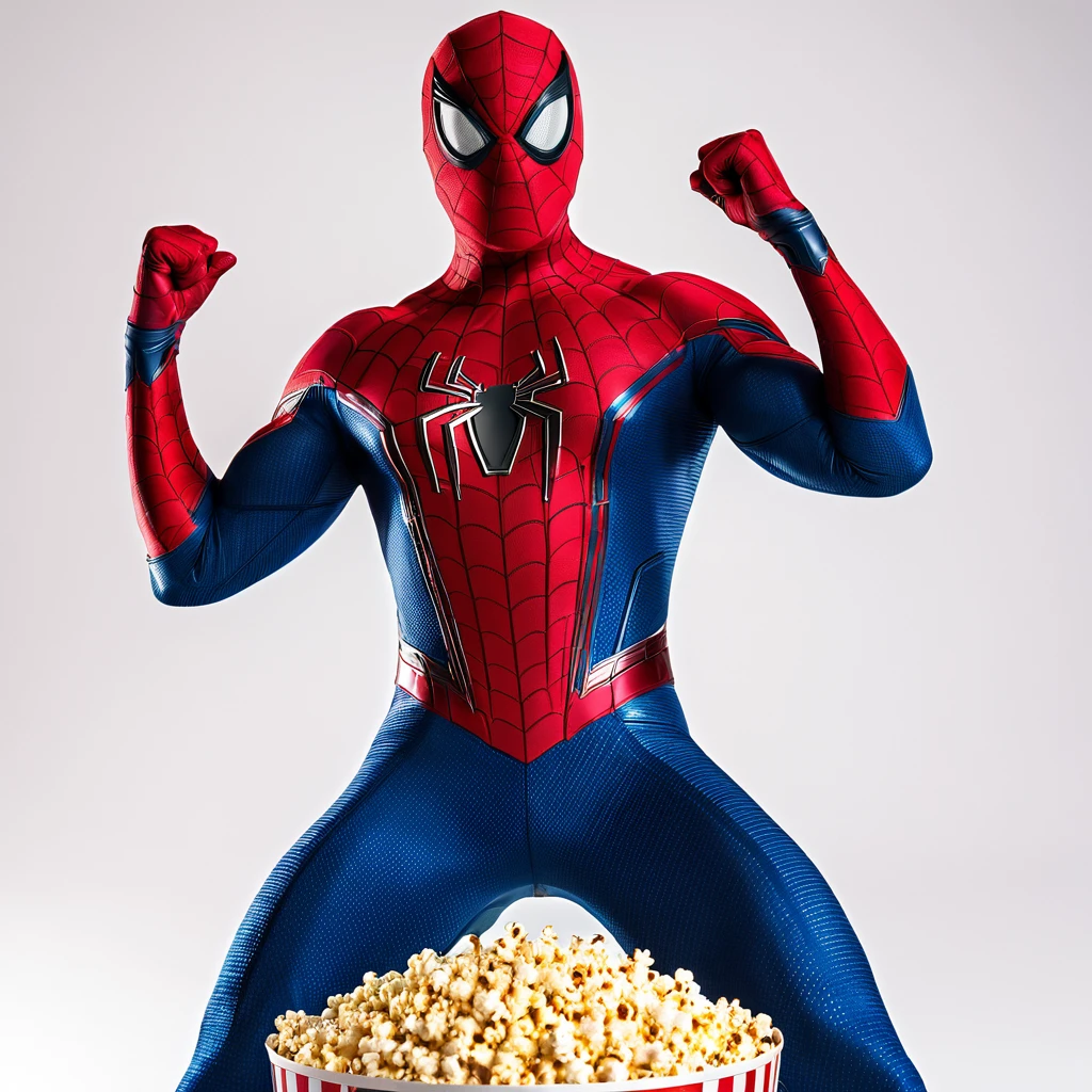 Homem aranha, imposing pose, infinite white background, vibrant lighting, holding a package of popcorn in his hands
(best quality,4k,8k,highres,masterpiece:1.2),ultra-detailed,(realistic,photorealistic,photo-realistic:1.37),HDR,UHD,studio lighting,physically-based rendering,extreme detail description,professional
spiderman, superhero, muscular body, athletic build, muscular arms, intense facial expression, determined eyes, wide-open eyes, detailed mouth, clenched fists, agile stance, dynamic pose
infinite white background, clean and minimalistic setting, empty space, bright and pure white, no distractions, pure focus on the character
popcorn package, colorful packaging, striped design, vibrant colors, red and white stripes, brand logo visible, popcorn kernel illustration, glossy finish
vibrant lighting, intense and vivid colors, vibrant red and blue hues, highlighting the superhero's costume, dynamic lighting effects, strong contrast between light and shadow, powerful visual impact
imposing pose, standing tall and confident, strong and commanding presence, showcasing strength and power, a symbol of heroism
detailed costume, red and blue spandex suit, web-like patterns, intricate design, reflective surface, shining under the light, emphasizing the superhero's agility and stealth
action-packed atmosphere, sense of movement and energy, frozen in a moment of action, capturing the character's agility and flexibility
attention to detail, intricate and realistic muscle definition, anatomically accurate proportions, fine lines and textures, showcasing the artist's skill and craftsmanship
emotion and intensity, intense gaze, focused expression, conveying determination and heroism, capturing the character's inner strength and resolve
cinematic atmosphere, reminiscent of a movie poster, dramatic lighting and composition, creating a sense of anticipation and excitement
dynamic composition, diagonal lines, converging towards the character, creating a sense of movemen