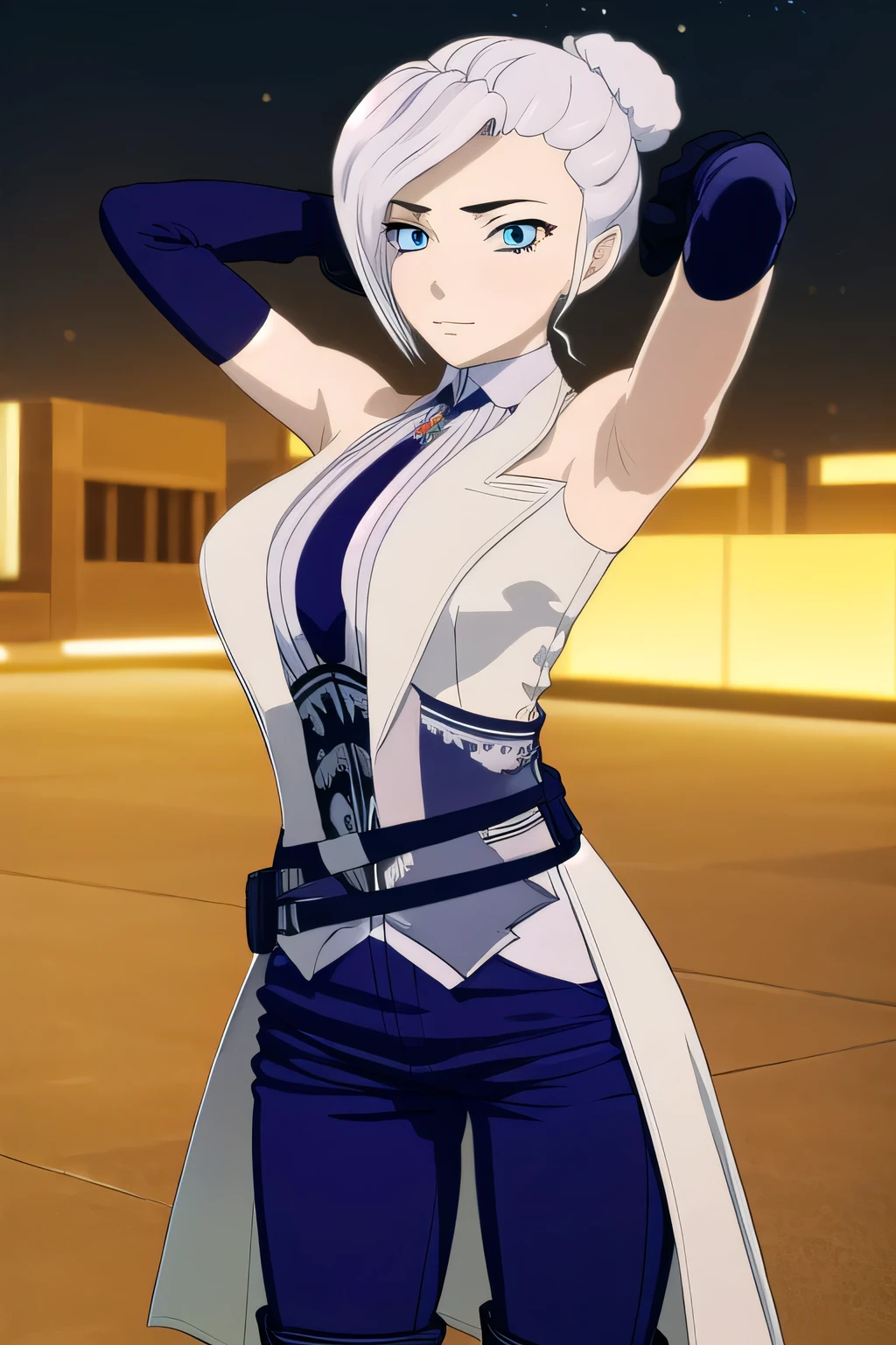  winter schnee, blue eyes, white hair, hair bun, single hair bun,
BREAK gloves, boots, necktie, black gloves, belt, pants, black footwear, uniform, high heels, coat, blue pants, knee boots, black necktie, high heel boots, white coat,
(cowboy shot:1.5), night sky, beach, masterpiece, arms behind head, contrapposto, spread armpits, smile, looking at viewer, closed mouth,
BREAK (masterpiece:1.2), best quality, high resolution, unity 8k wallpaper, (illustration:0.8), (beautiful detailed eyes:1.6), extremely detailed face, perfect lighting, extremely detailed CG, (perfect hands, perfect anatomy),