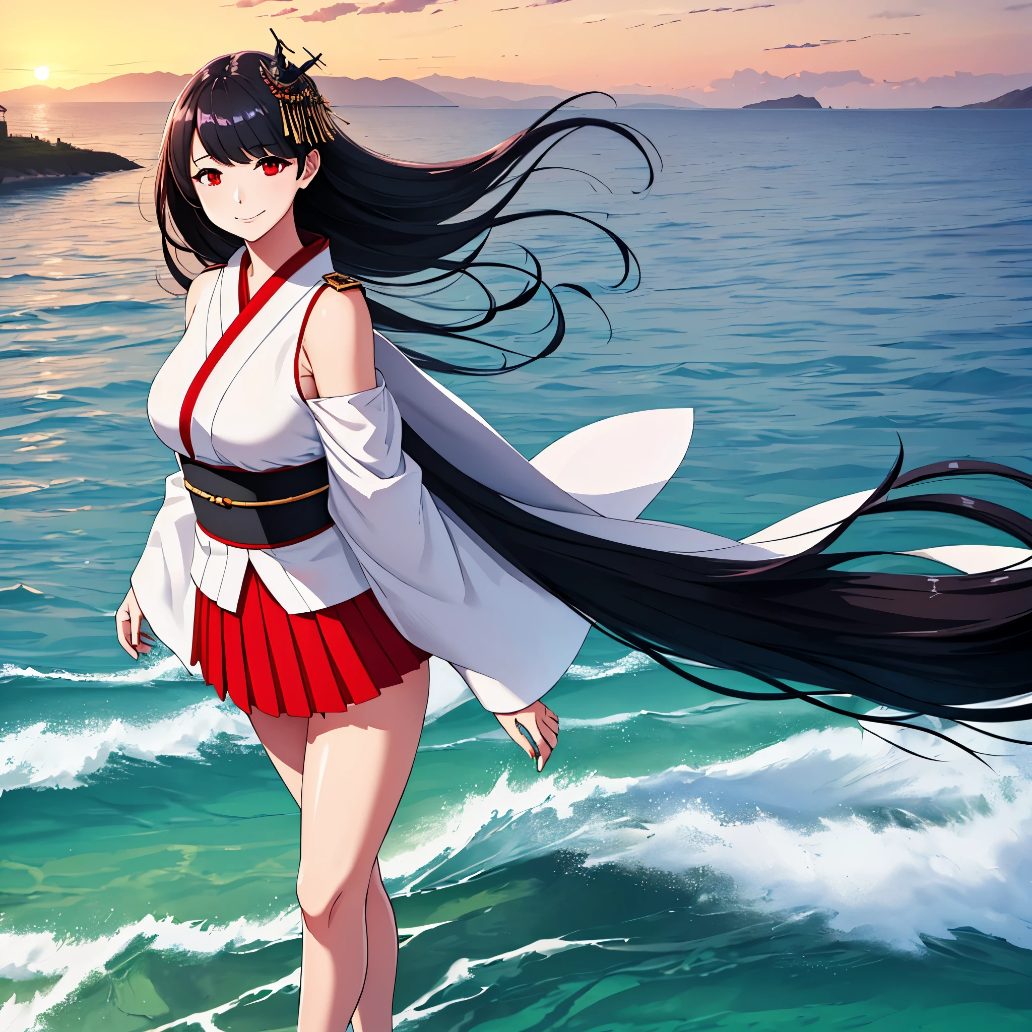 a woman wearing a white kimono, short red skirt, shoulderless kimono, long black hair, red eyes, naval accessories in her hair, walking on a platform overlooking the sea with hills in the background, smiling.HDR, ultra resolution, well defined, masterpiece, 8K HD. (solo woman)
