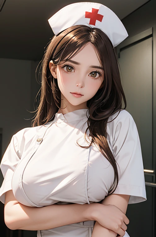 Nurse , in hospital , detailed hand , high quality, super quality, detailed face, beautiful woman , golden eyes, long hair , (huge breast:1.2) , gorgeous dress, wearing white nurse costume , nurse cap, sharpe eyebrow , (brown hair:1.4)