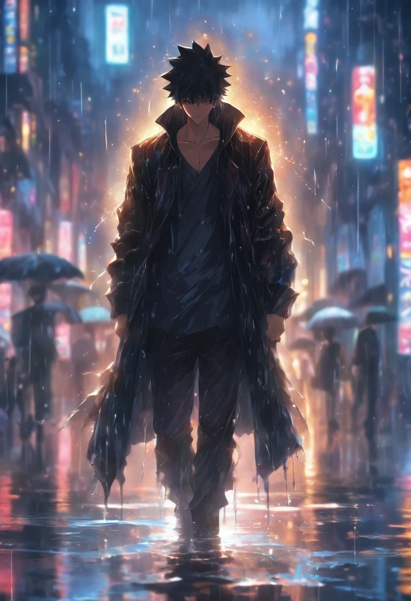Um homem caminha nas costas de um dia chuvoso, Rastreamento de raio, Roupas pretas molhadas, dark dark lighting, alta qualidade, ultra-detalhado, realista, retrato escuro, HDR, Cores intensas, ruas molhadas, Light reflection in a puddle, cinematic atmosphere.