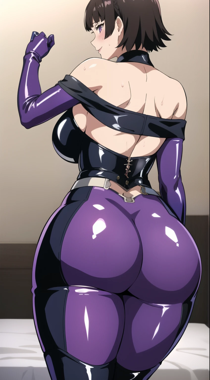 masterpiece, 1 girl, alone, Shortcuts, , Makoto "Queen" Niijima (Makoto Niijima) - Persona、Looking at the audience, Big Breasts, Mature Woman, blush, smile, Black Hair、Lilac eyes, Pink Bed, Mature Woman,Black latex gloves,Purple off-the-shoulder latex suit,Purple Skirt,Purple off-the-shoulder latex,Purple latex skirt,Latex shirt,Purple latex off-shoulder shirt,Armpit sweat, arched back, View from behind, Back pose, Buttocks emphasized curves, arched back, Very beautiful delicate face, Highest quality details