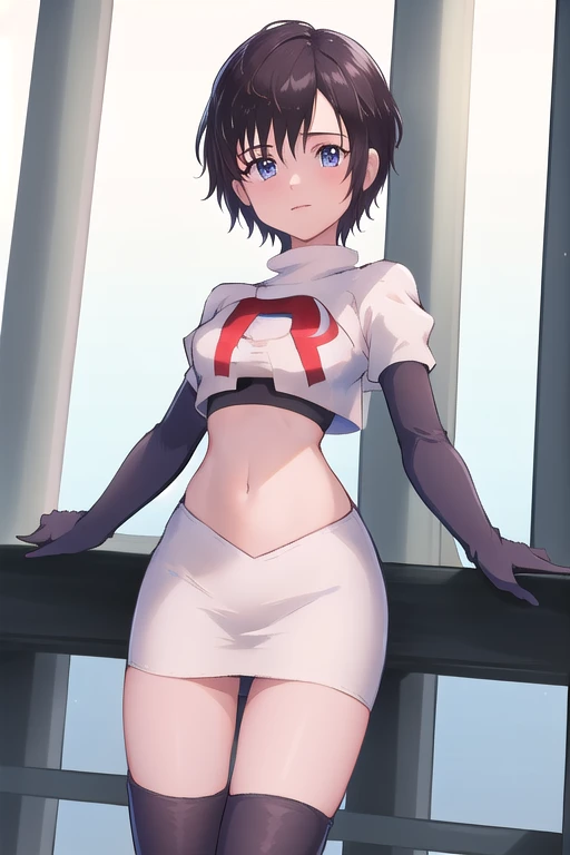 masterpiece, best quality, highres, aaxion, short hair, team rocket,team rocket uniform,white skirt,red letter R,crop top,black thigh-highs,black elbow gloves, cowboy shot, 