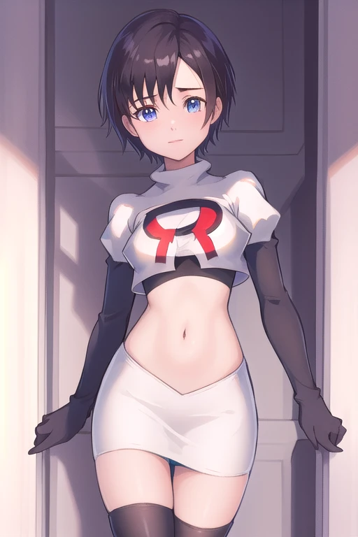 masterpiece, best quality, highres, aaxion, short hair, team rocket,team rocket uniform,white skirt,red letter R,crop top,black thigh-highs,black elbow gloves, cowboy shot, 