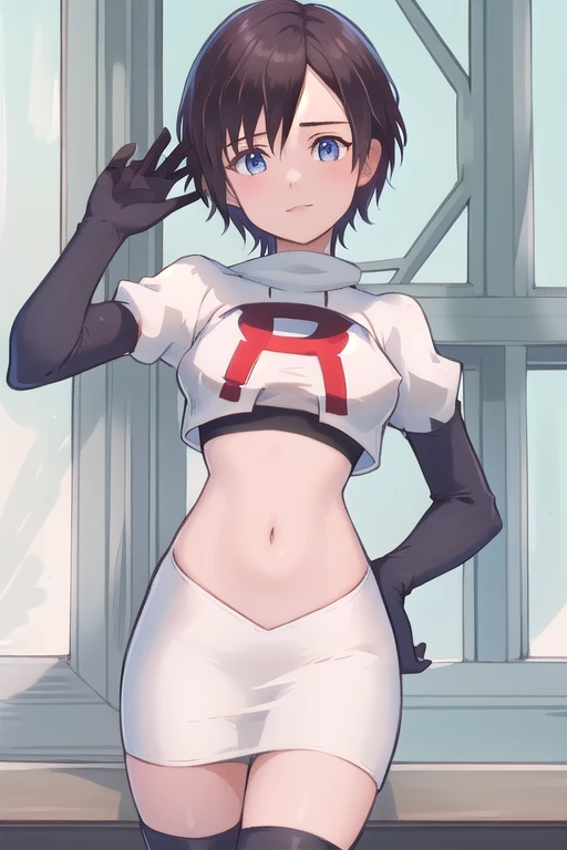 masterpiece, best quality, highres, aaxion, short hair, team rocket,team rocket uniform,white skirt,red letter R,crop top,black thigh-highs,black elbow gloves, cowboy shot, 