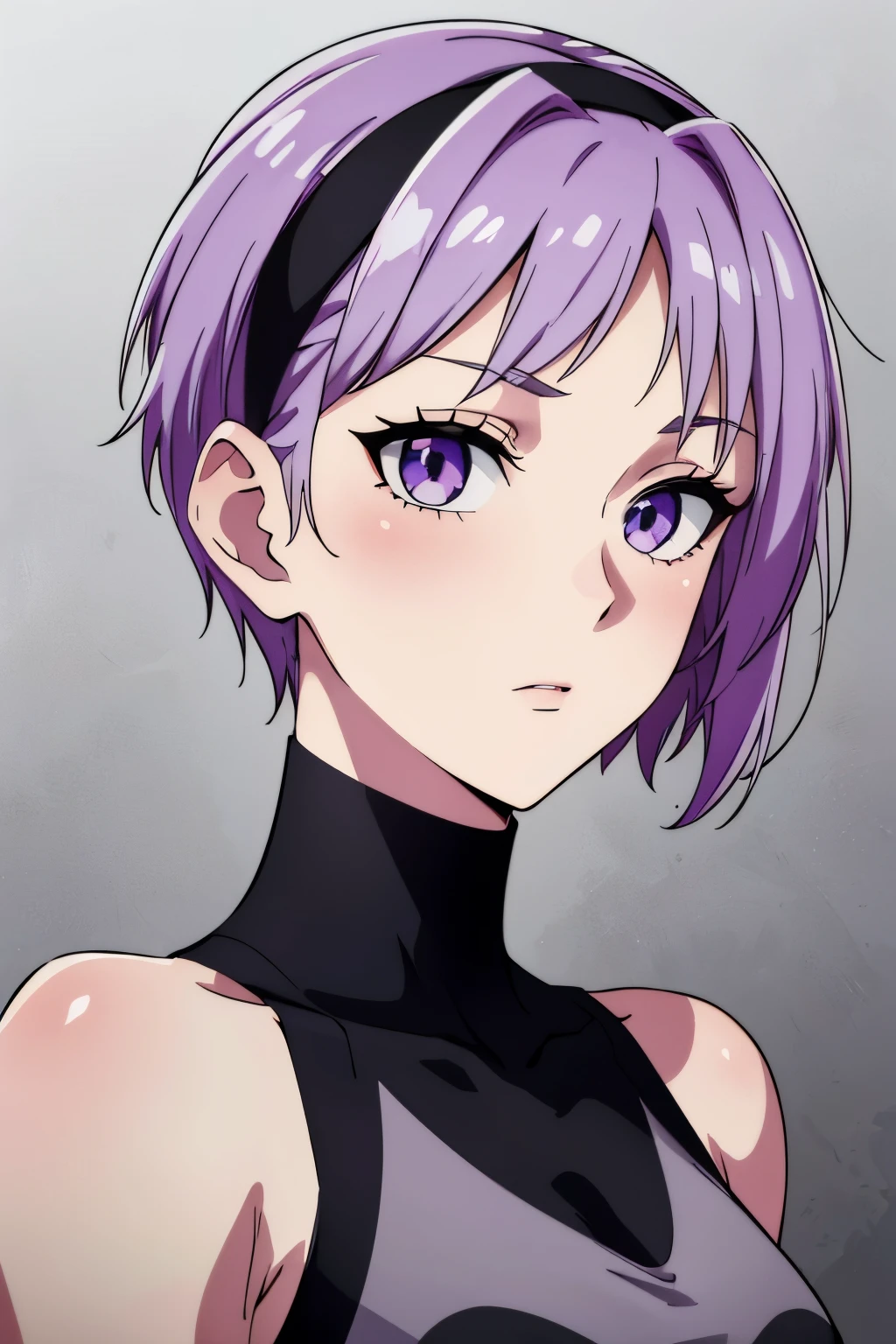 (high-quality, breathtaking),(expressive eyes, perfect face) 1girl, female, solo, young adult age, Vibrant lavender color hair, purple eye color, spiky fluffy hair, short hair length, Symmetrical Eyes, portrait, neutral expression, grey background, headband with ribbons, fantasy clothing, sleeveless black shirt, narrow eyes, feminine face, warrior, Sidecut hairstyle, Shaved hairstyle, Subtle Side Shaved Bob