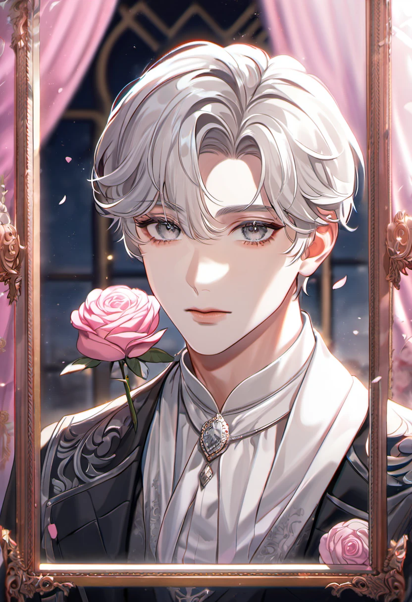 absurdres, highres, ultra detailed, HDR, master piece, best quality, perfect face, beautiful eyes, delicate features, Duanmu Xi, white short hair, expressive grey eyes, Soul Contract, solo, man, handsome, black coat, white shirt, window, pink curtains, pink petals, pink roses