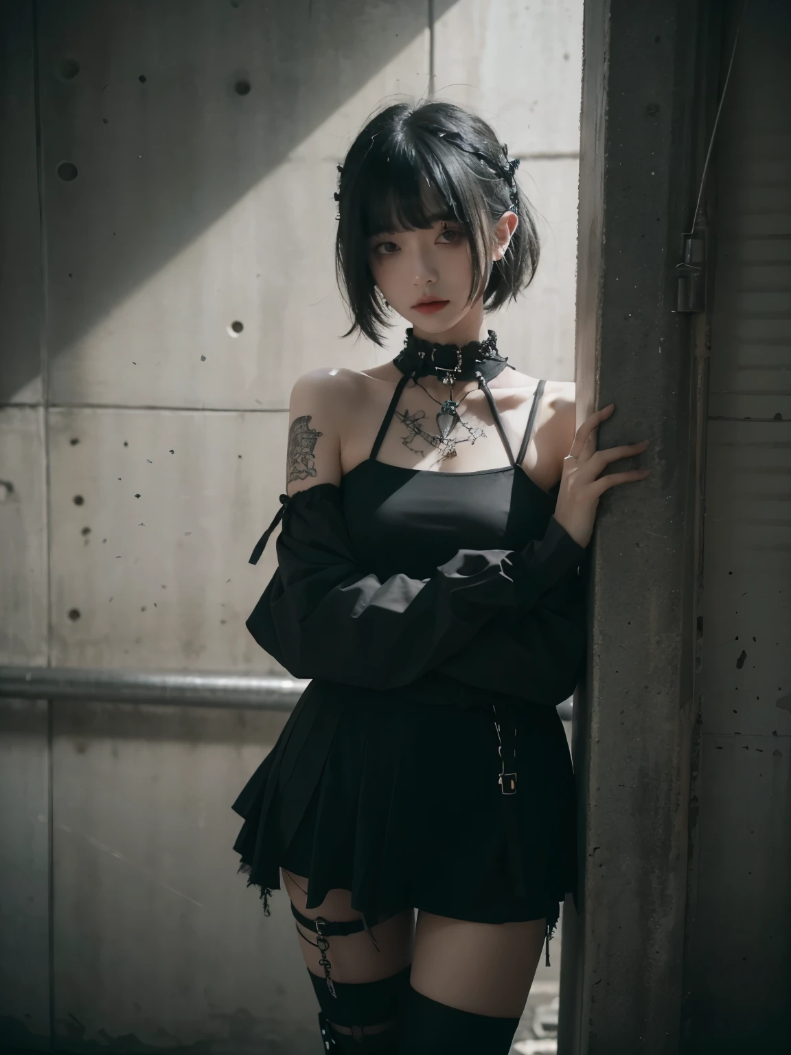 minimum, harmony, tranquility, Concrete building with fine texture details, low key lighting, 1 girl, 24-years-old, slender, floating Medium Hair, bangs, (Gothic_Punk:1.2), masterpiece, best quality, RAW Photos, sigma 50mm f1.4, candytt, Detailed costume, Deep Shadow
