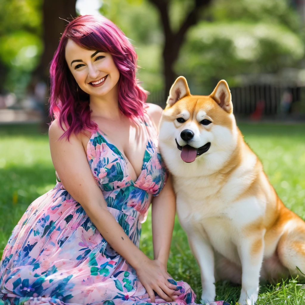 (Milana Vayntrub, age 30, brightly colored hair, translucent summer dress) is playing with her Shiba Inu at the park.