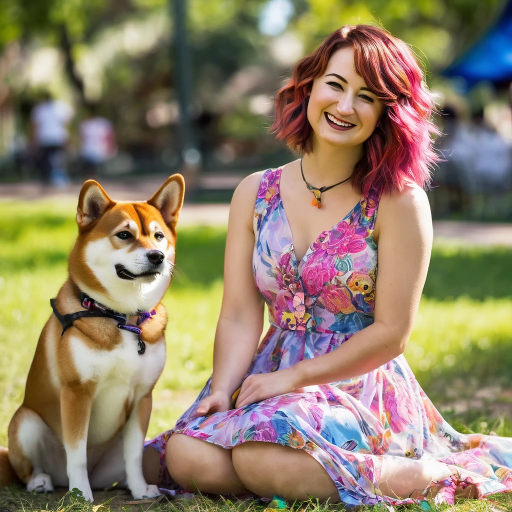 (Milana Vayntrub, age 30, brightly colored hair, translucent summer dress) is playing with her  Shiba Inu at the park.