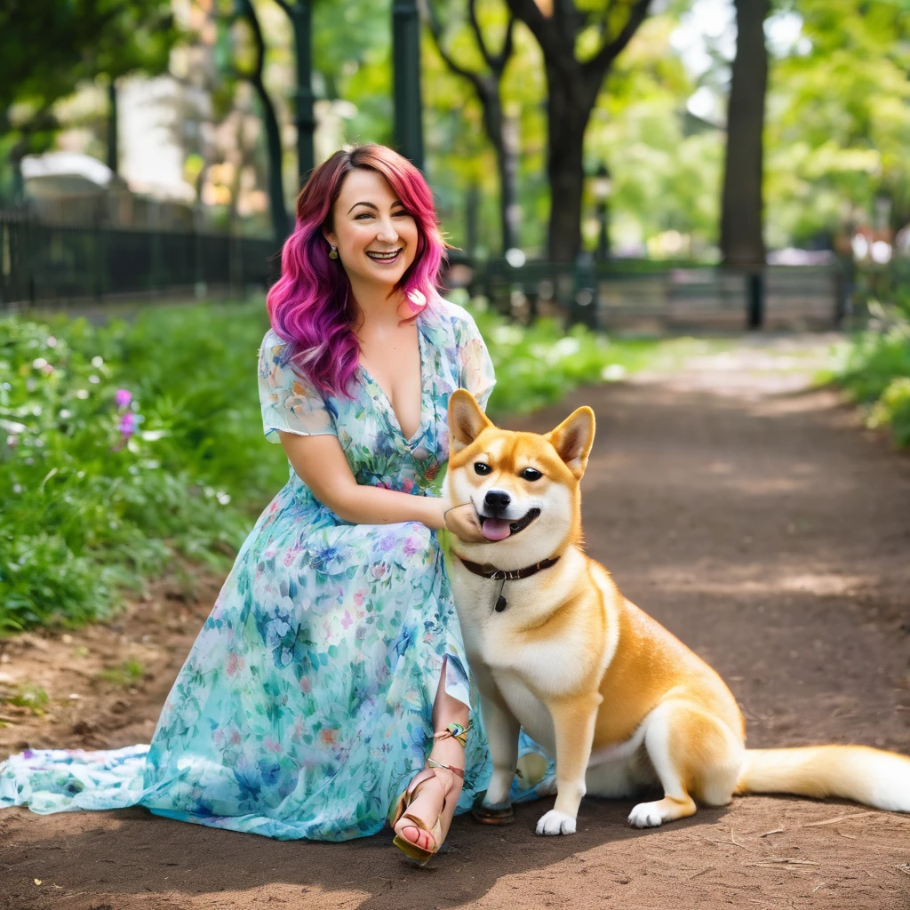 (Milana Vayntrub, age 30, brightly colored hair, translucent summer dress) is playing with her Shiba Inu at the park.