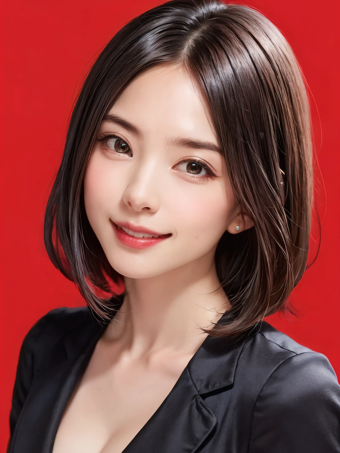 (software:1.8、masterpiece, highest quality),1 girl, alone, have, Realistic, Realistic, Looking at the audience, Looking at the camera、Light brown eyes, 非常に詳細な光沢のある髪のブルネットのショートBob Hair, short hair:1.8、Bob Hair、Beautiful symmetrical face、Spring Clothes:1.6, Whity, lips, bangs, Outdoor, Mouth closed, Upper Body、Big eyes、eyelash、((Very simple red color background:1.8))、(((bangsのあるshort hair、Big eyes、big and full 胸、Looking at the audience、Beautiful beauty、Show me your ears、Long neck、smile、please close your mouth and smile)))、Ideal body type、((({Huge|big|Hugeな|Mega} Chest 2, Cleavage:2、shut up.とても幸せなsmile、shut up.、Beautiful Teeth、elevation、Dutch Angle Shot)))