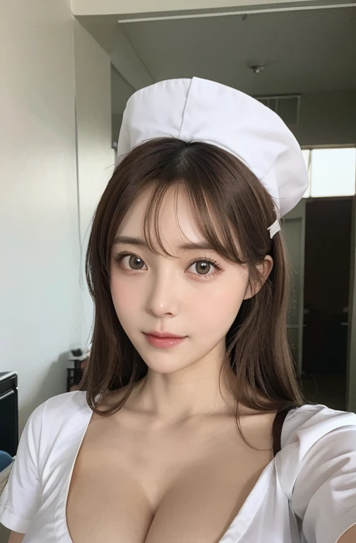 Nurse , in hospital , detailed hand , high quality, super quality, detailed face, beautiful woman , golden eyes, long hair , mega breast, wearing white nurse costume , nurse cap, sharpe eyebrow , (brown hair:1.4)