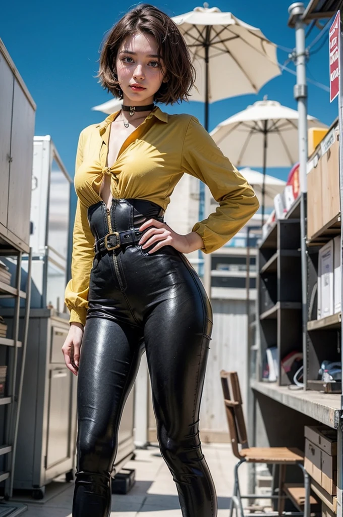 masterpiece,(masterpiece, top quality, best quality),1girl, solo, breasts, camera, brown hair, belt, hand on hip, holding, medium breasts, yellow bodysuit, choker, jumpsuit, simple background, looking at viewer, white background, no bra, smile, bodysuit, short hair, cowboy shot, bangs, holding camera, standing, lips, closed mouth, brown eyes, medium hair, center opening, contrapposto, breasts apart, jewelry