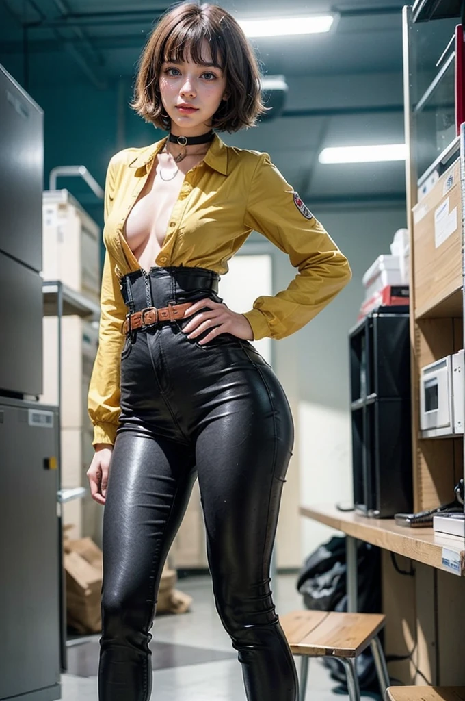 masterpiece,(masterpiece, top quality, best quality),1girl, solo, breasts, camera, brown hair, belt, hand on hip, holding, medium breasts, yellow bodysuit, choker, jumpsuit, simple background, looking at viewer, white background, no bra, smile, bodysuit, short hair, cowboy shot, bangs, holding camera, standing, lips, closed mouth, brown eyes, medium hair, center opening, contrapposto, breasts apart, jewelry