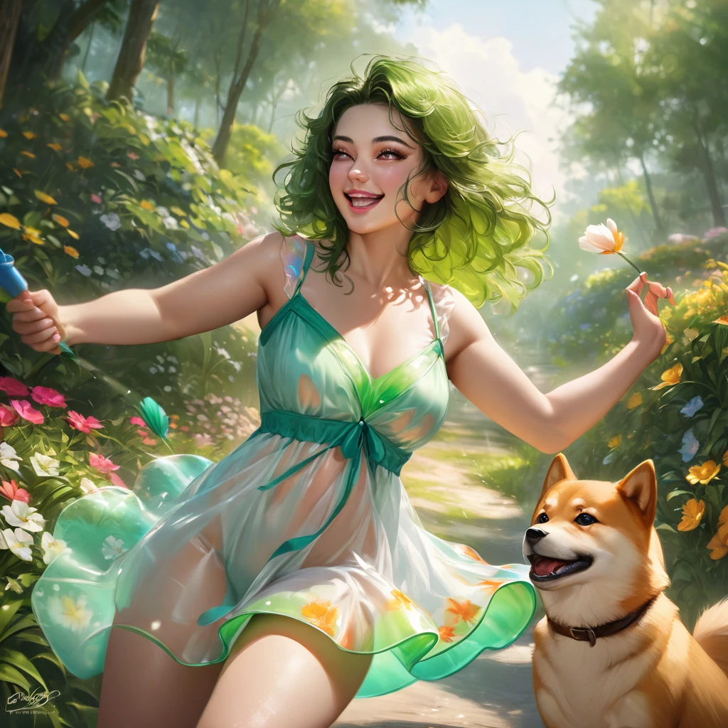 (best quality, highres, ultra-detailed, realistic:1.37), Milana Vayntrub, age 30, brightly colored hair, translucent summer dress, playful expression, stunning smile, vibrant eyes, gentle touch, perfectly styled hair, a charming aura, Shiba Inu, joyful and energetic, wagging tail, cute and fluffy, playing catch in a lush green park, blooming flowers, vibrant colors, dappled sunlight, happy atmosphere, a carefree day, laughter in the air