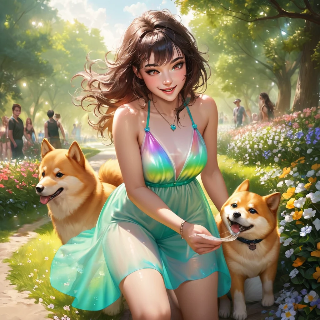(best quality, highres, ultra-detailed, realistic:1.37), Milana Vayntrub, age 30, brightly colored hair, translucent summer dress, playful expression, stunning smile, vibrant eyes, gentle touch, perfectly styled hair, a charming aura, Shiba Inu, joyful and energetic, wagging tail, cute and fluffy, playing catch in a lush green park, blooming flowers, vibrant colors, dappled sunlight, happy atmosphere, a carefree day, laughter in the air