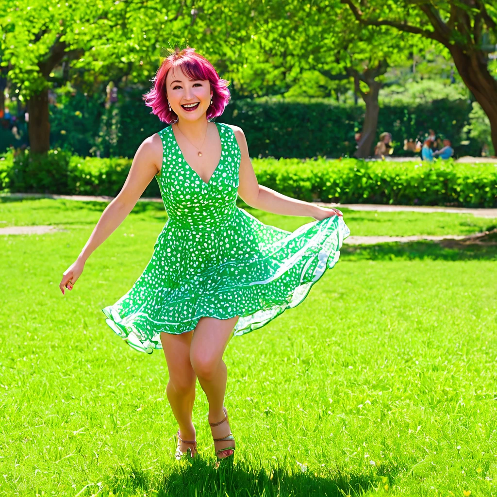 (best quality, highres, ultra-detailed, realistic:1.37), Milana Vayntrub, age 30, brightly colored hair, translucent summer dress, playful expression, stunning smile, vibrant eyes, gentle touch, perfectly styled hair, a charming aura, Shiba Inu, joyful and energetic, wagging tail, cute and fluffy, playing catch in a lush green park, blooming flowers, vibrant colors, dappled sunlight, happy atmosphere, a carefree day, laughter in the air