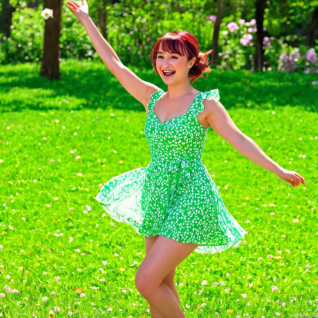 (best quality, highres, ultra-detailed, realistic:1.37), Milana Vayntrub, age 30, brightly colored hair, translucent summer dress, playful expression, stunning smile, vibrant eyes, gentle touch, perfectly styled hair, a charming aura, Shiba Inu, joyful and energetic, wagging tail, cute and fluffy, playing catch in a lush green park, blooming flowers, vibrant colors, dappled sunlight, happy atmosphere, a carefree day, laughter in the air