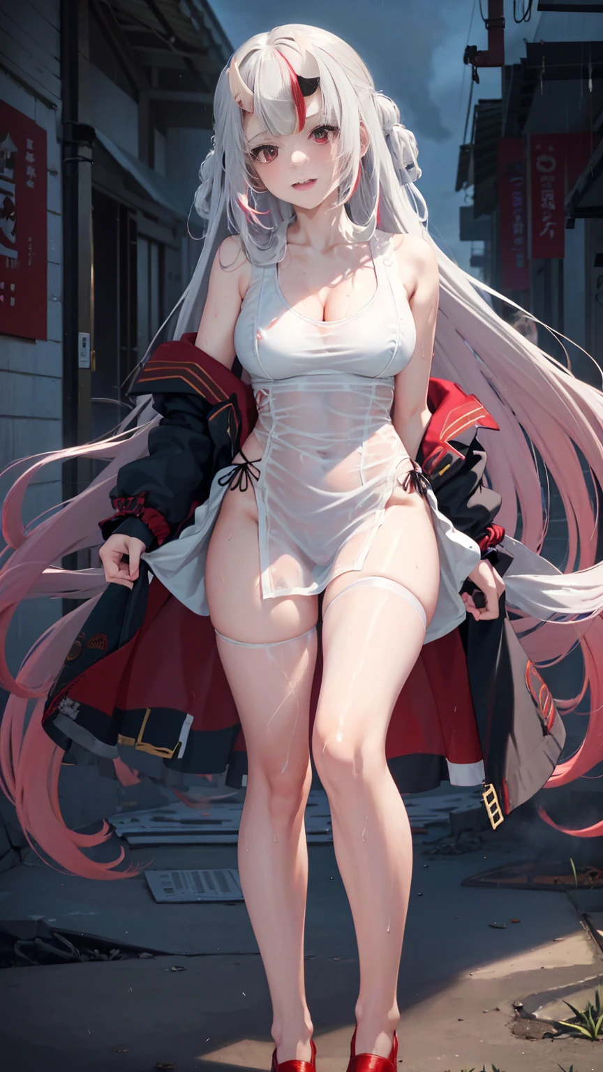 realistic, anime, 1girl,bangs, long hair, big breasts, perfect body, off shoulder, white hair, rainbow hair, oversized T-shirt, white T-shirt, black bra, bare legs, thigh, cleavage, collarbone, (extremely detailed CG unity 8k wallpaper, masterpiece, best quality, ultra-detailed, best shadow), (masterpiece:1.2, best quality), very red eyes, sweat, soft body, cute, arm strap, thigh strap, multicolor eyes, outside, out door, raining, night, wet cloths, standing, standing in the rain, wet hair, wet skin, see through, (heavy rain), ruined  building, messy ground, bullet shells on ground, dust, wounds, walking, jacket, tactical suit, military equipment, (night), white legwear, wet thighs, ((lotion)), from behind, (wet), dress, skirt, , happy, happy expression, thighs, from below, horizon, \(weapon\), ((sweat:1.2)), white suit 