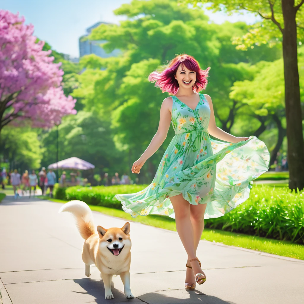 (best quality, highres, ultra-detailed, realistic:1.37), Milana Vayntrub, age 30, brightly colored hair, translucent summer dress, playful expression, stunning smile, vibrant eyes, gentle touch, perfectly styled hair, a charming aura, Shiba Inu, joyful and energetic, wagging tail, cute and fluffy, playing catch in a lush green park, blooming flowers, vibrant colors, dappled sunlight, happy atmosphere, a carefree day, laughter in the air