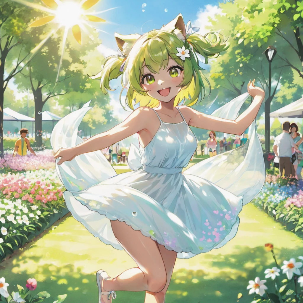 (best quality, highres, ultra-detailed, realistic:1.37), Milana Vayntrub, age 30, brightly colored hair, translucent summer dress, playful expression, stunning smile, vibrant eyes, gentle touch, perfectly styled hair, a charming aura, Shiba Inu, joyful and energetic, wagging tail, cute and fluffy, playing catch in a lush green park, blooming flowers, vibrant colors, dappled sunlight, happy atmosphere, a carefree day, laughter in the air