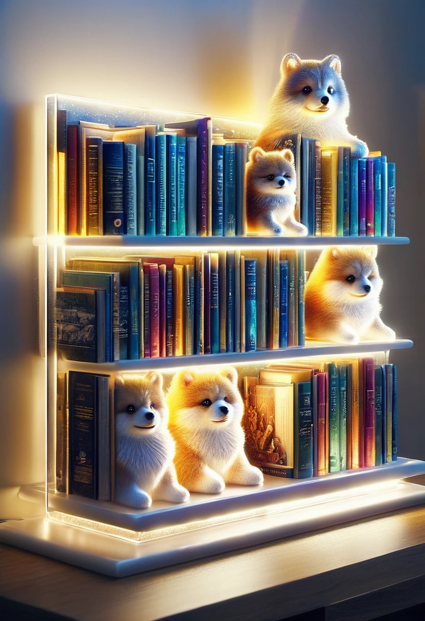 (best quality,highres:1.2),ultra-detailed,realistic,photography,portrait,colorful lighting,Shiba Inu sculpture ornament on a shelf, books next to it
