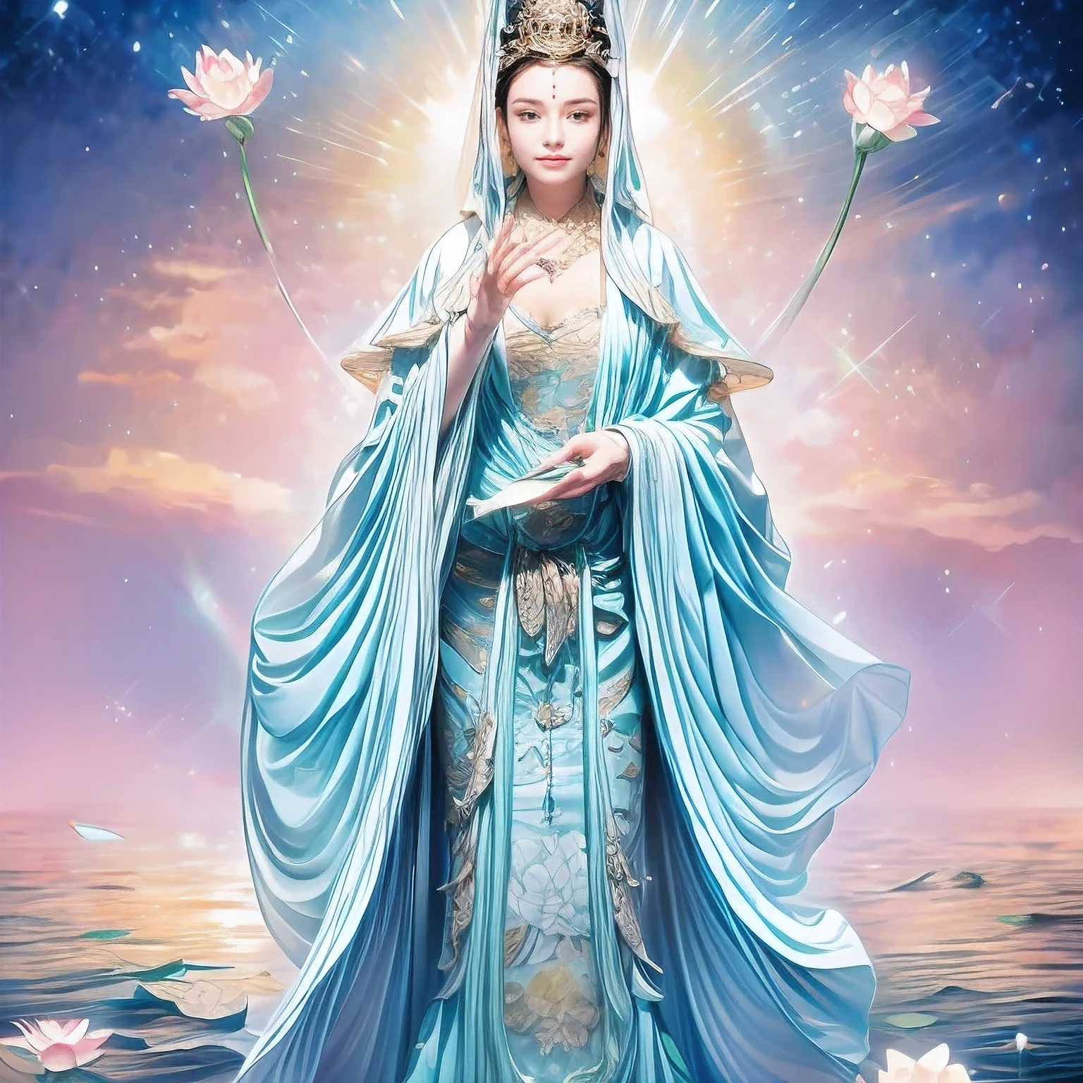 mantra  and guanyin ,bottle,water,lotus, lily pad,jewelry,wide sleeves, chinese clothes, hanfu,shawl, hair ornament, holding flower, earrings, veil, crown