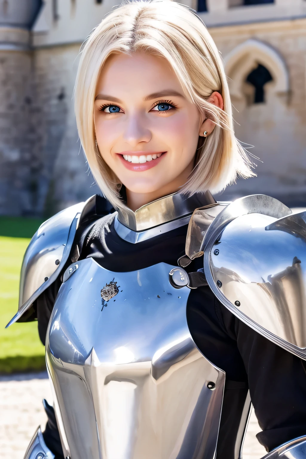 8K、highest quality、female knight、Luxurious Silver Armor、、hairstyle short cut、smile、Beautiful Teeth、Full body photo、ear piercing、blonde、White woman、blue eyes、Heavy makeup、The background is inside the castle