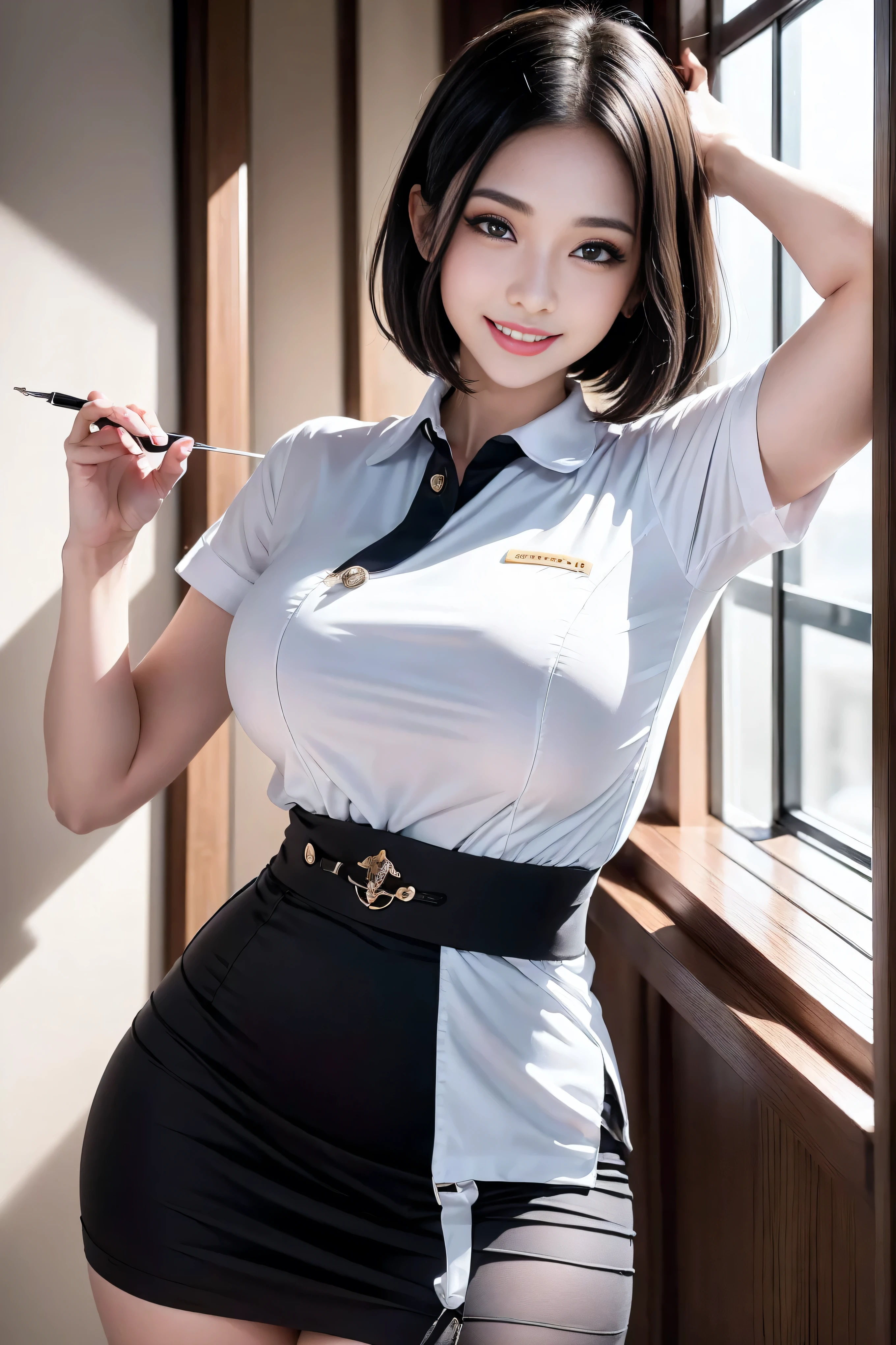 (3 Ultimate Beauty Nurses)、{{{masterpiece}}}， {Oh oh oh, Oh, really：1.2}， best quality， Official Art， Highly detailed CG Unity 8k wallpaper， Very rich facial details、Delicate lips、Delicate eyes、Double eyelids、((Black Bob Hair))、(Nurse:1.3)、(Attractive figure)、(huge)、（（Open mouth smile： 1.8， Lovely smile： 1.8））， solo， Short hair details， Energetic smile， blue eyes，With eyes_Tokar， {Beautiful detailed gradient eyes}， Red lips，thigh, thigh, thigh, Perfect fit, Perfect ImageReality, Background and: (Hospital Ward:1.2), Cow Boy Shooting, Detailed background, Detailed clothing, Wearing a nurse hat，Wearing nurse uniform，Perfect lighting、Surreal、(Reality:1.4)、8K maximum resolution, (masterpiece), Very detailed content, professional，