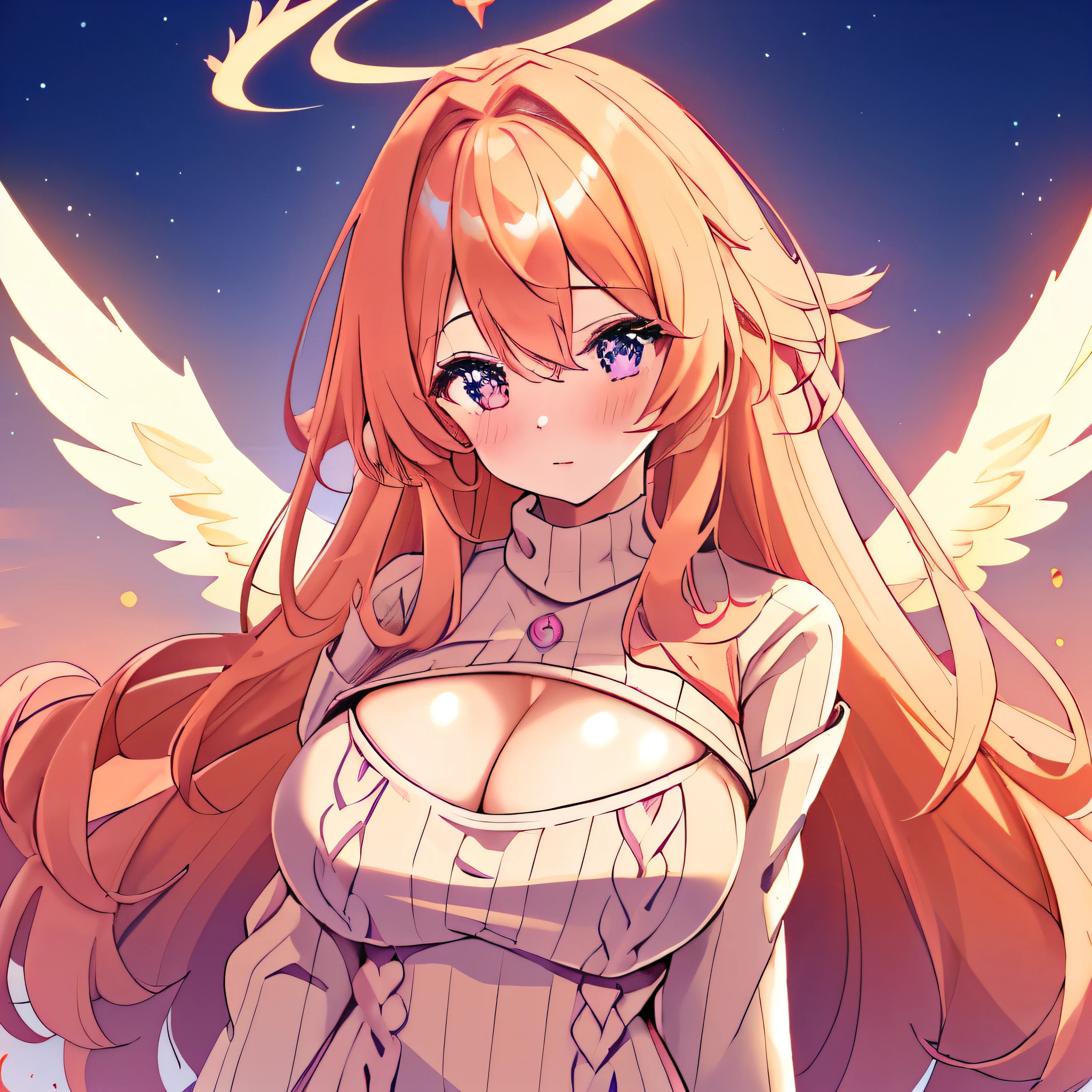 4k anime Illustration, upper body, beautiful young woman, long hair, peach colored hair, messy hair, magenta eyes, large eyes, (tiny chest: 1.4), flat chest, massive hips, (gigantic thighs: 1.3), huge hips, white wings, feathery wings, Angel wings, halo, crown, (open-chest sweater: 1.3), cleavage, SFW, huge magenta eyes, crown, huge wings 