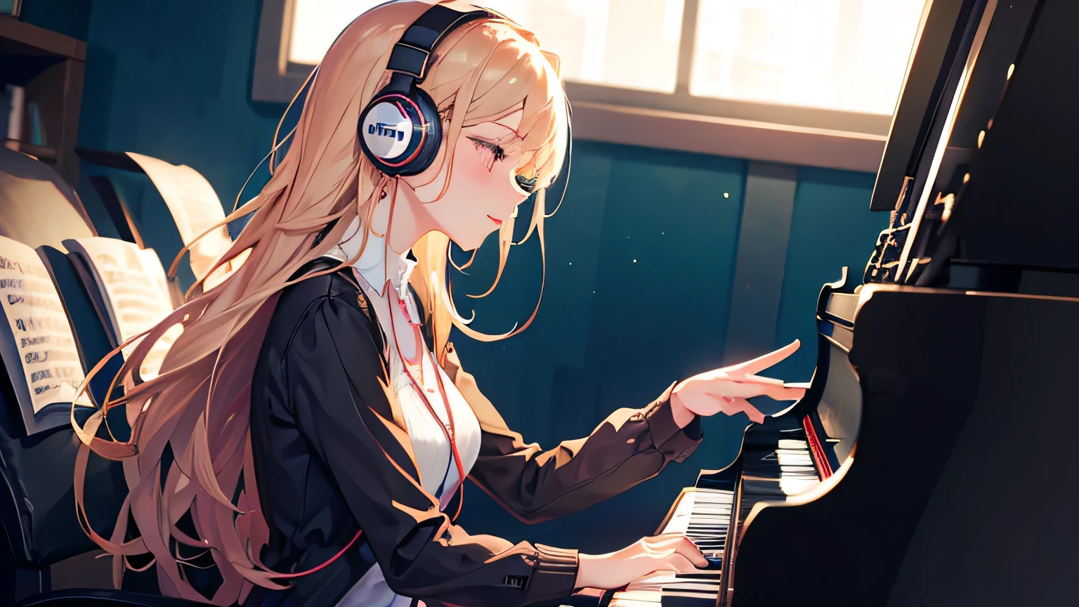 Woman wearing headphones　piano　Live　Uplifting