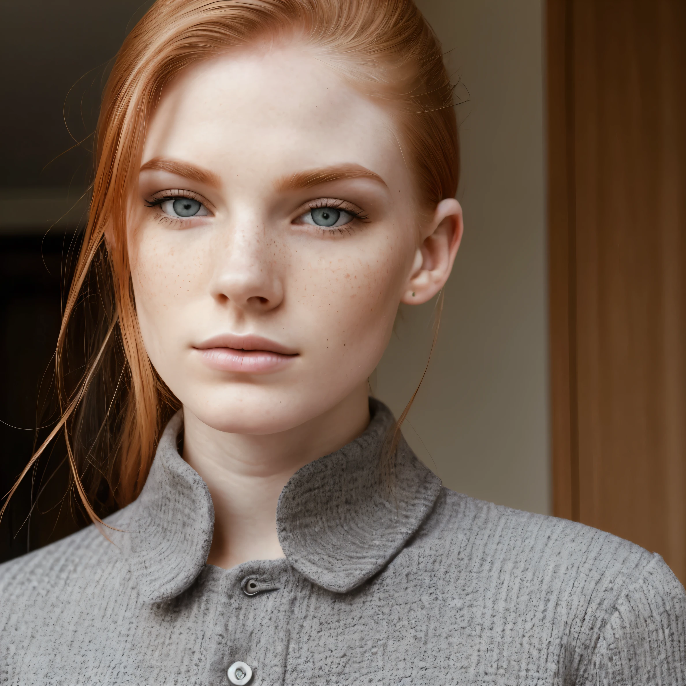 Pale skin, androgynous face, small button nose, pointed nose, small curved lips. Light freckles, grey colored iris, close up of face, foxy eyes, wearing eyeliner makeup, medium length ginger hair, looks kinda like Brooke Monk. Freckles, strong jawline, square jawline, dimples, tomboy 