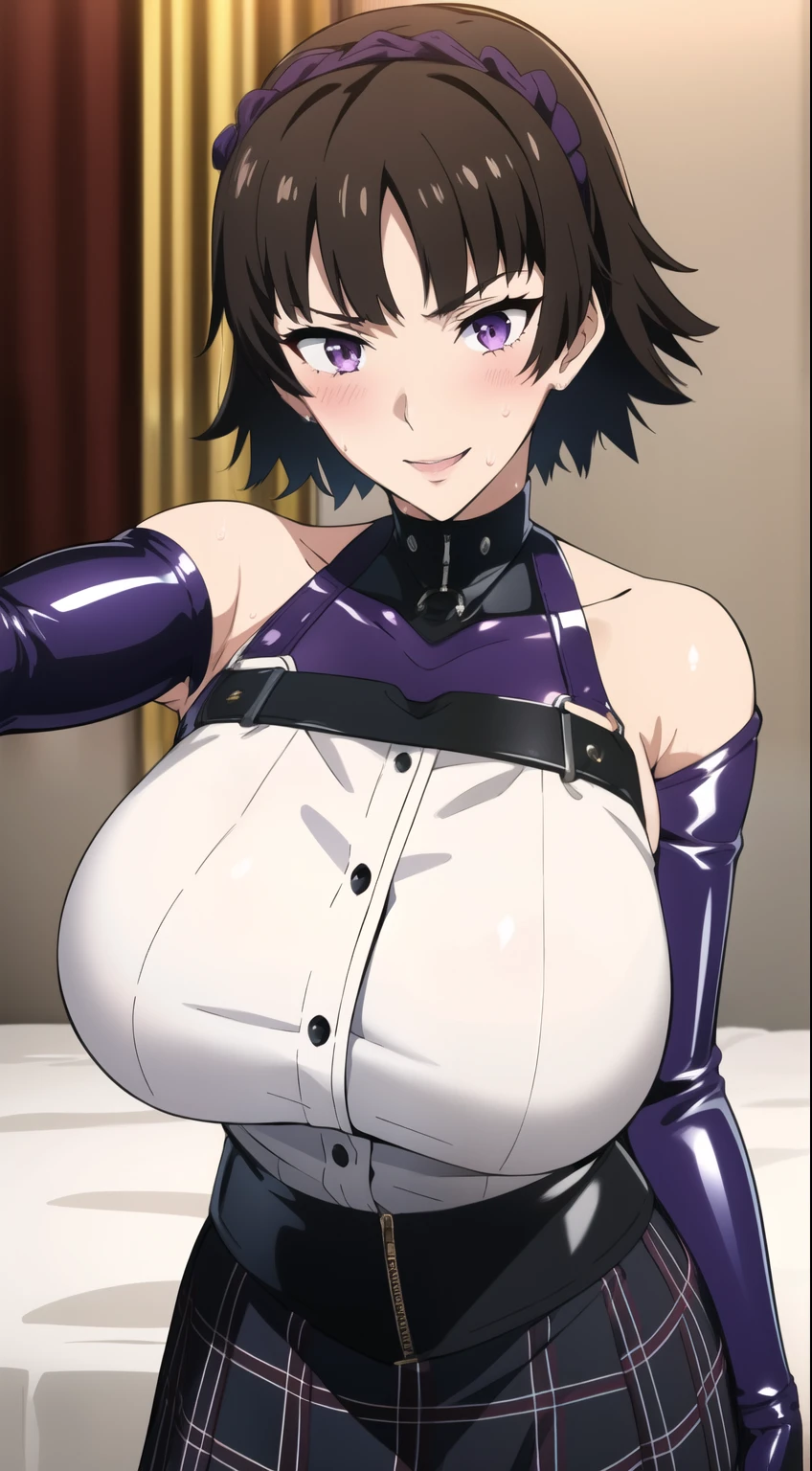 masterpiece, 1 girl, alone, Shortcuts, , Makoto "Queen" Niijima (Makoto Niijima) - Persona、Looking at the audience, Big Breasts, Mature Woman, blush, smile, Black Hair、Lilac eyes, Pink Bed, Mature Woman,Black latex gloves,Purple off-the-shoulder latex suit,Purple Skirt,Purple off-the-shoulder latex,Purple latex skirt,Latex shirt,Purple latex off-shoulder shirt,Armpit sweat