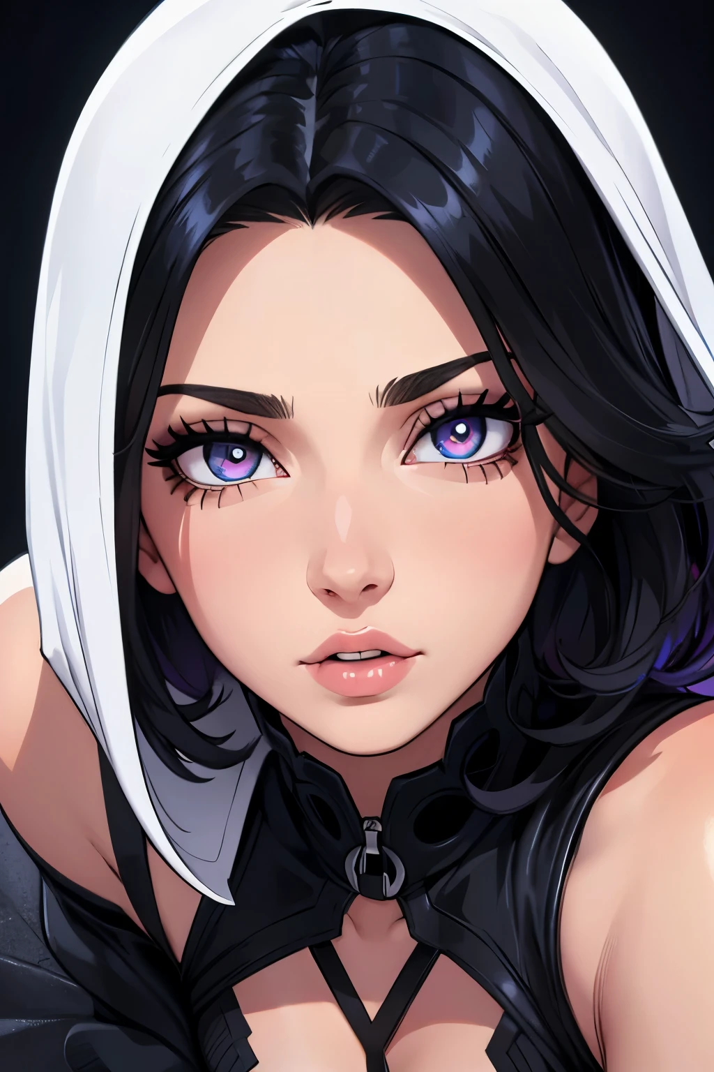 Woman on her knees looking up, 1girl, solo, realistic, black hair,High Definition, perfect face, perfect eyes, detailed eyes, ultra detailed eyes, shiny eyes, multicolored eyes, detailed pupils, perfect nose, perfect lips, perfect hair, detailed hair, highly detailed face, perfect skin,