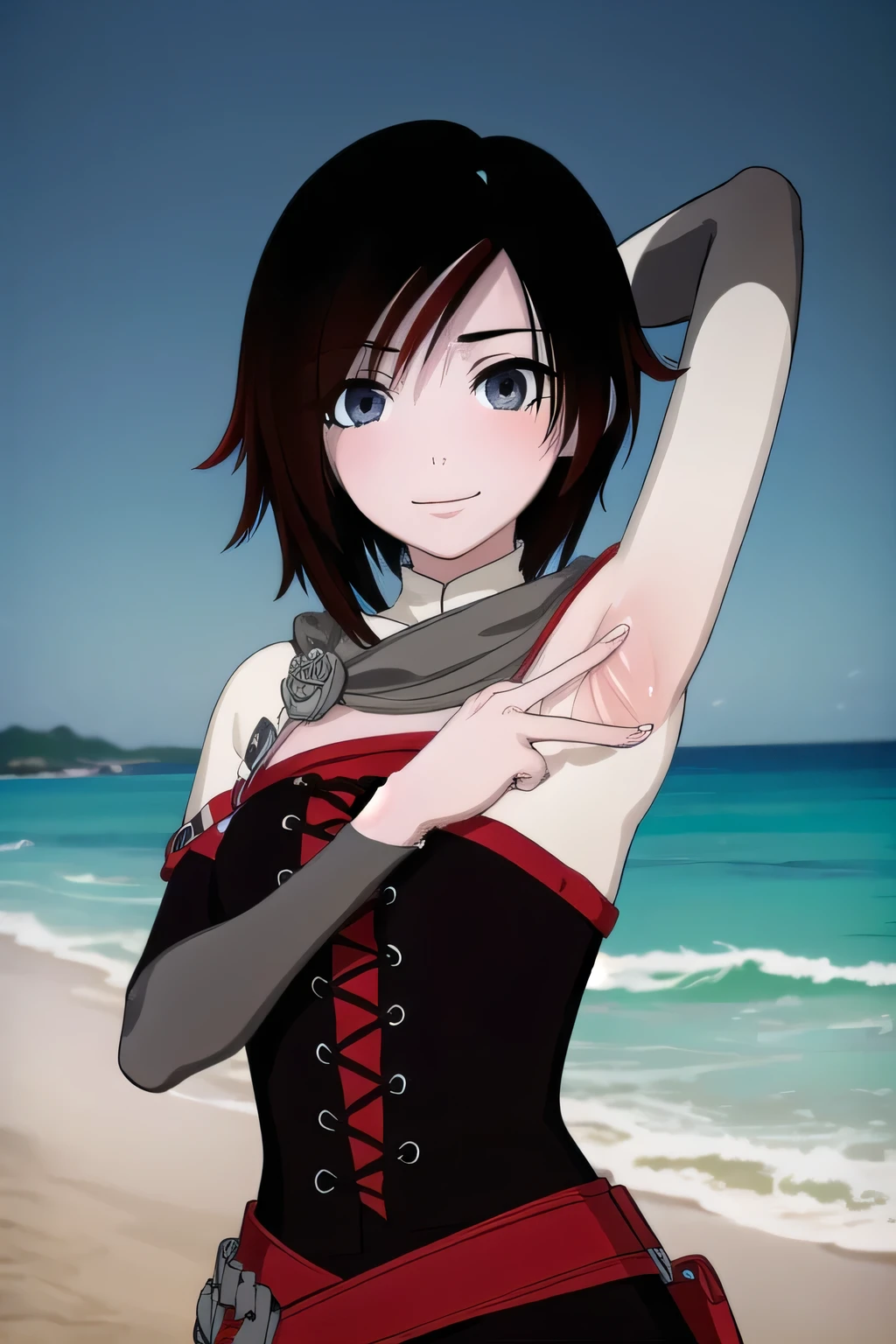 rubyrose, ruby rose, black hair, short hair, (grey eyes:1.5),
BREAK ,
upper body, night sky, beach, masterpiece, arms behind head, contrapposto, spread armpits, smile, looking at viewer, closed mouth, blushing,
BREAK (masterpiece:1.2), best quality, high resolution, unity 8k wallpaper, (illustration:0.8), (beautiful detailed eyes:1.6), extremely detailed face, perfect lighting, extremely detailed CG, (perfect hands, perfect anatomy),