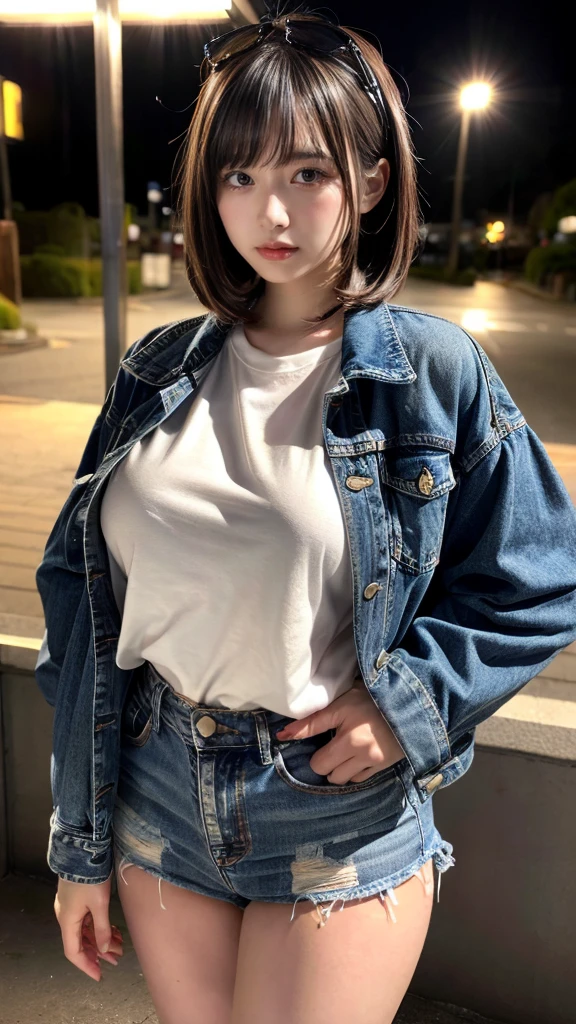 muste piece, best quality, illustration, Super detailed, fine details, High resolution, 8K,wall paper, perfect dynamic composition,(Details High quality, realistic depiction of eyes:1.3), (Fashionable, Denim Jacket, Oversized T-shirt, a denim miniskirt, no hair ornaments), (large breasts), bob hair, black hair color, Big Natural Color Lip, (perfect body shape), crying a little、cold gaze, Harajuku style、20 year old girl、cute type、lolita、beautiful legs, night club, at midnight, Gravure Idol, Voluptuous thighs