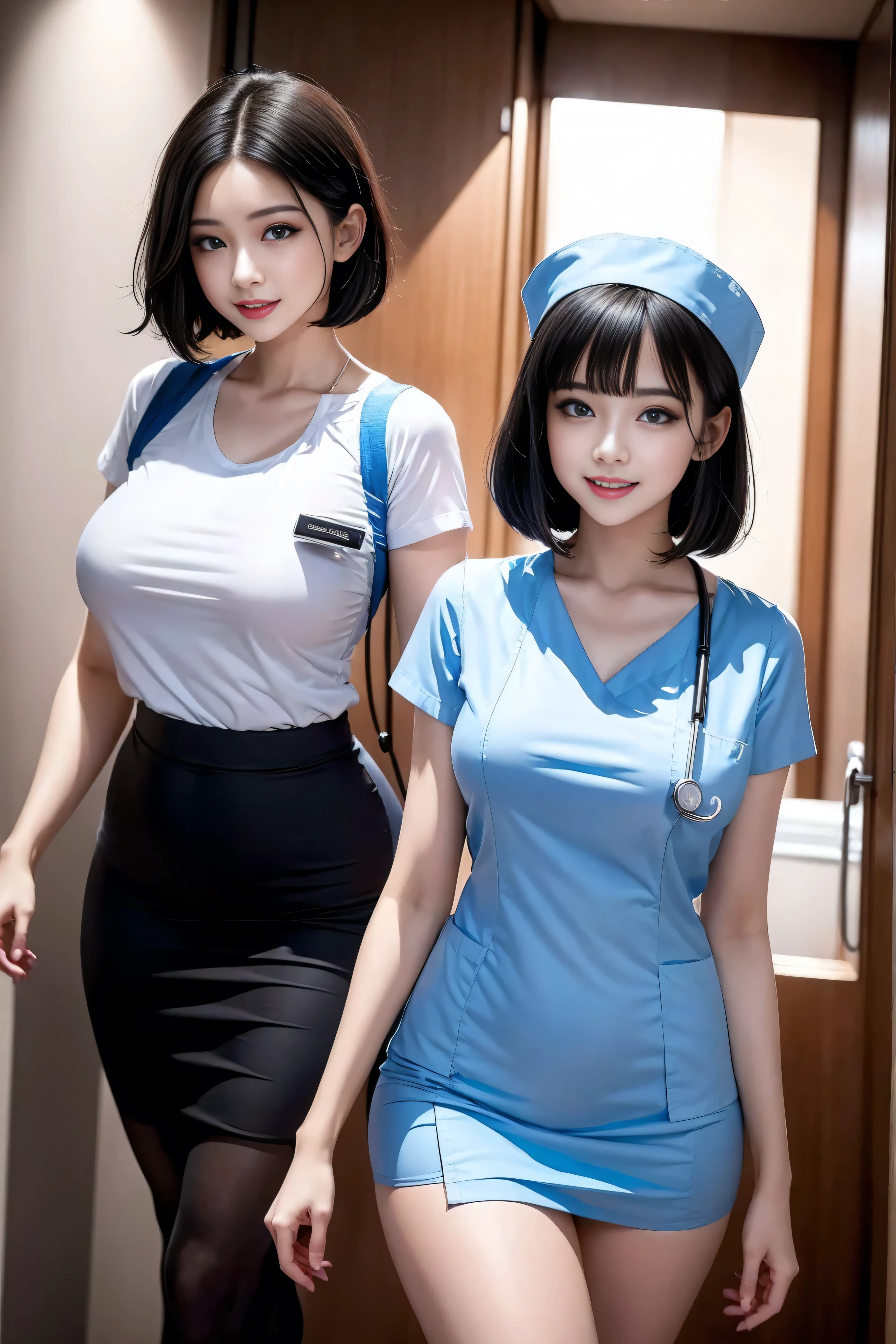 (3 Ultimate Beauty Nurses)、{{{masterpiece}}}, {Oh oh oh, Oh, really:1.2}, best quality, Official Art, Highly detailed CG Unity 8k wallpaper, Very rich facial details、Delicate lips、Delicate eyes、Double eyelids、((Black Bob Hair))、(Nurse:1.3)、(Attractive figure)、(huge)、((Open mouth smile: 1.8, Lovely smile: 1.8)), solo, Short hair details, Energetic smile, blue eyes,With eyes_Tokar, {Beautiful detailed gradient eyes}, Red lips,thigh, thigh, thigh, Perfect fit, Perfect ImageReality, Background and: (Hospital Ward:1.2), Cow Boy Shooting, Detailed background, Detailed clothing, Wearing a nurse hat,Wearing nurse uniform,Perfect lighting、Surreal、(Reality:1.4)、8K maximum resolution, (masterpiece), Very detailed content, professional,